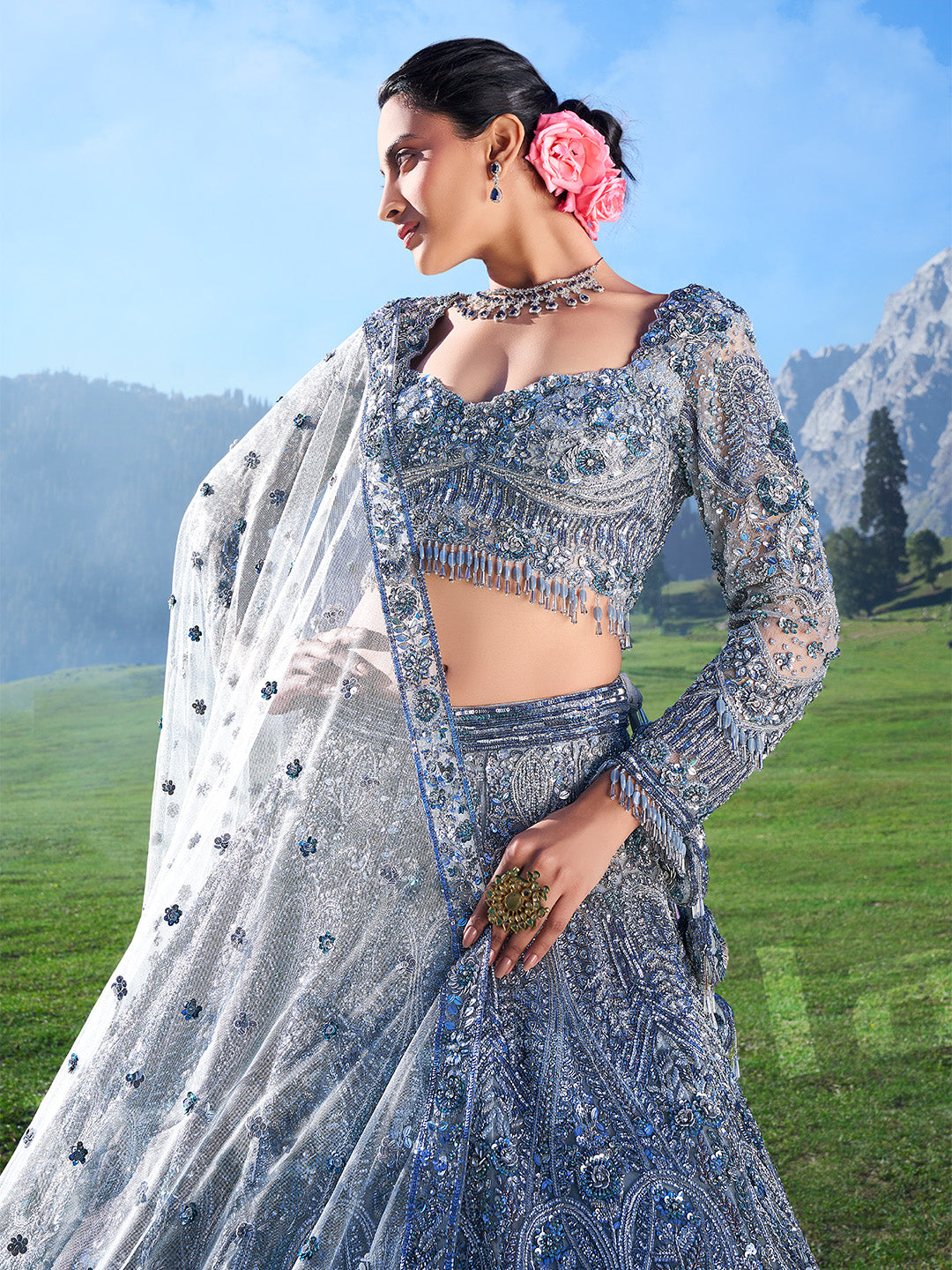 Ice Blue Lehenga Choli Set With Heavy Handwork