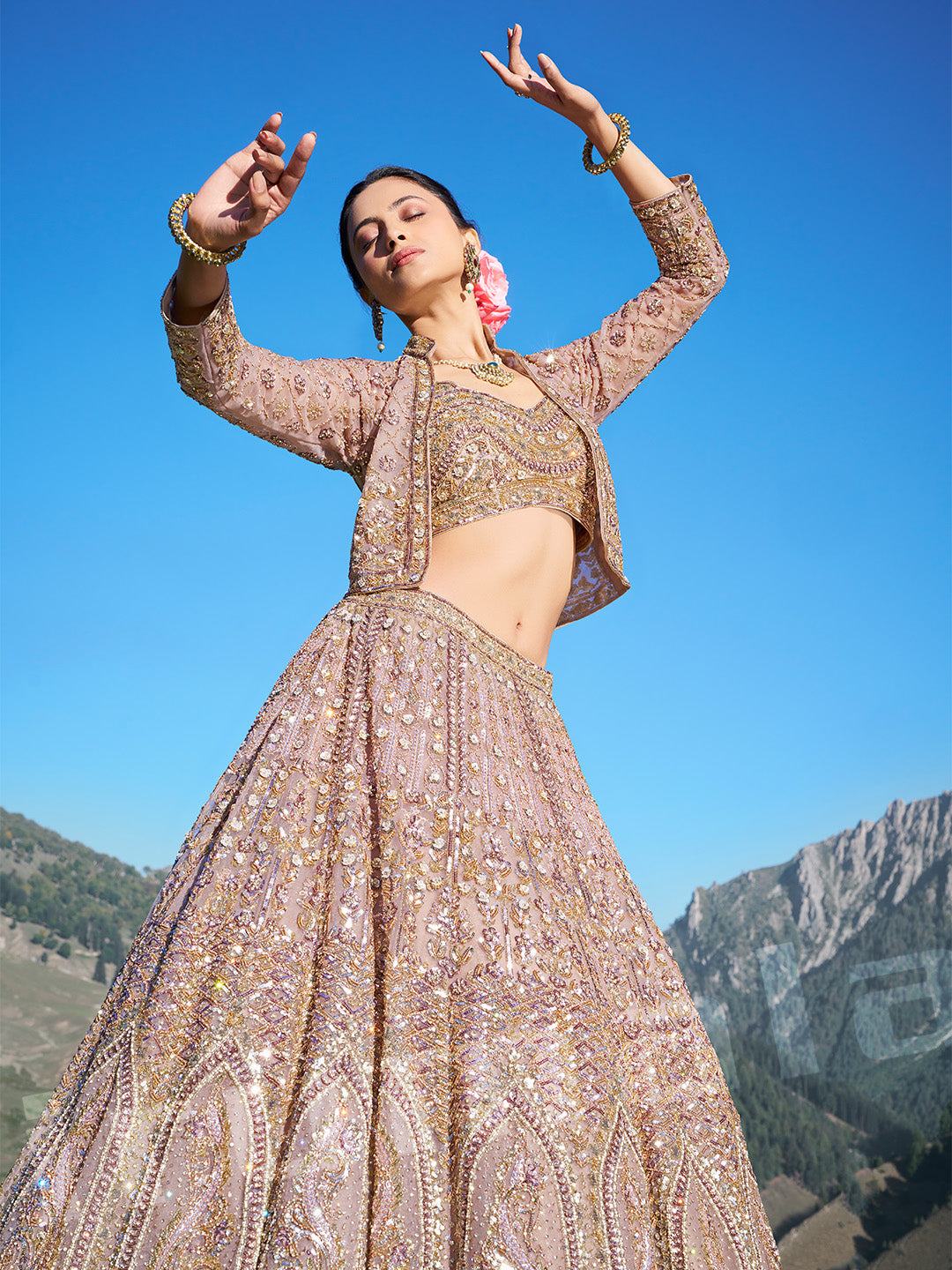 Peach Organza Lehenga Choli Set With Handwork Jacket & Dupatta