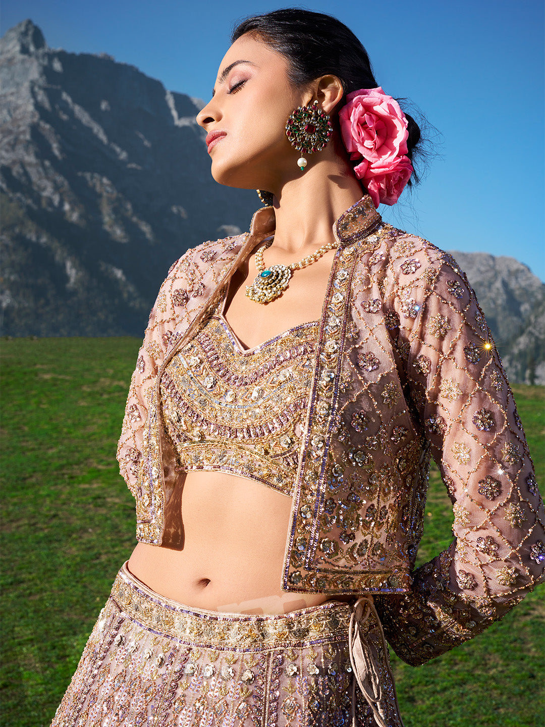 Peach Organza Lehenga Choli Set With Handwork Jacket & Dupatta