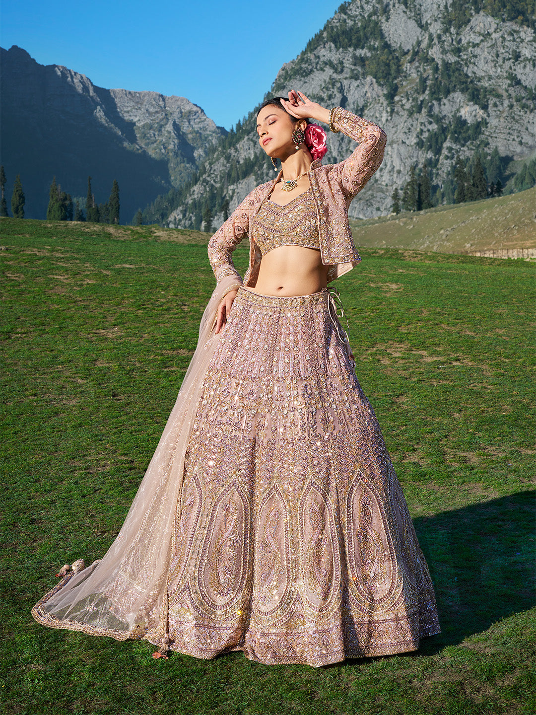 Peach Organza Lehenga Choli Set With Handwork Jacket & Dupatta