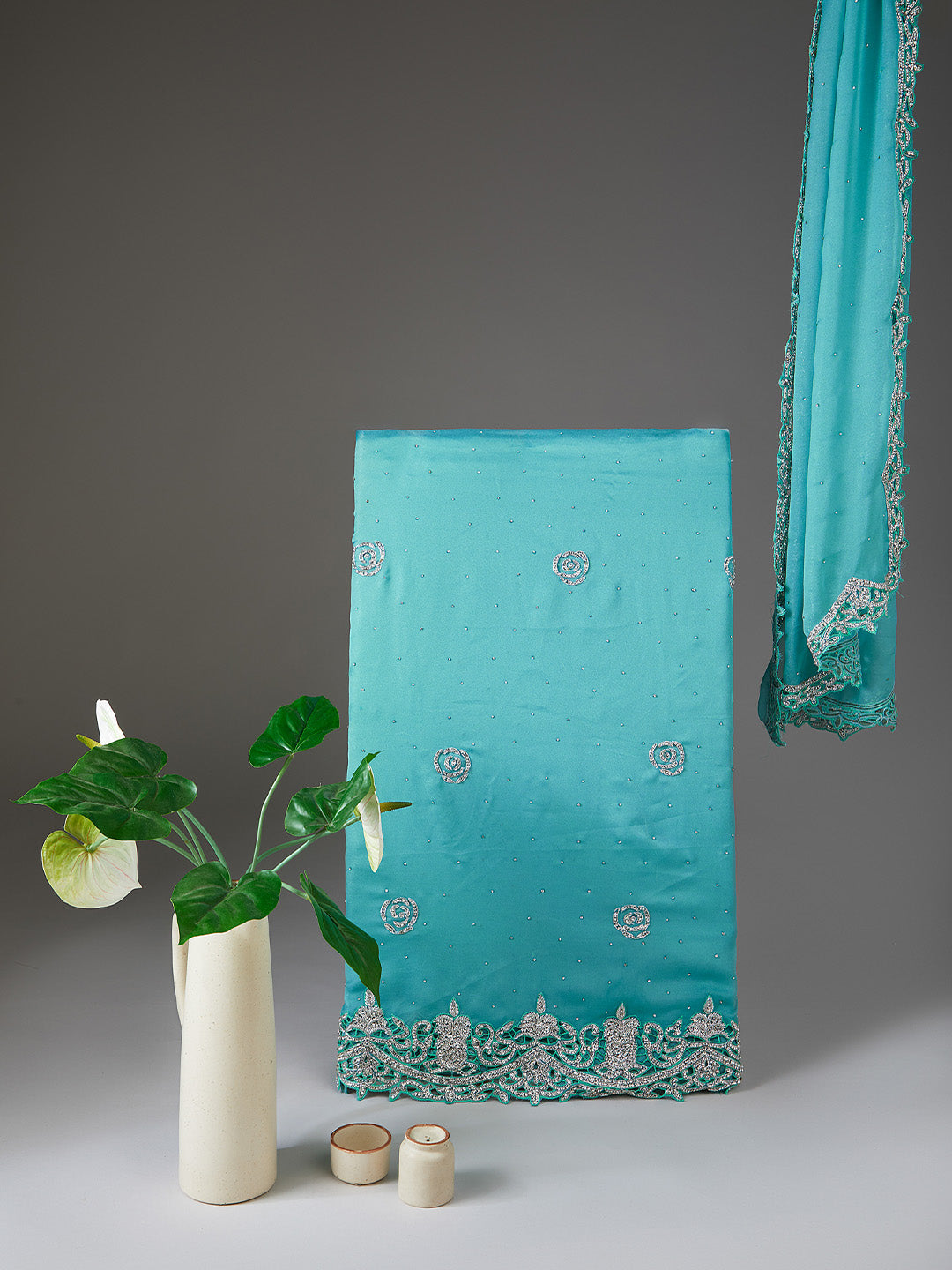 Sea Blue Embroidered Silk Suit