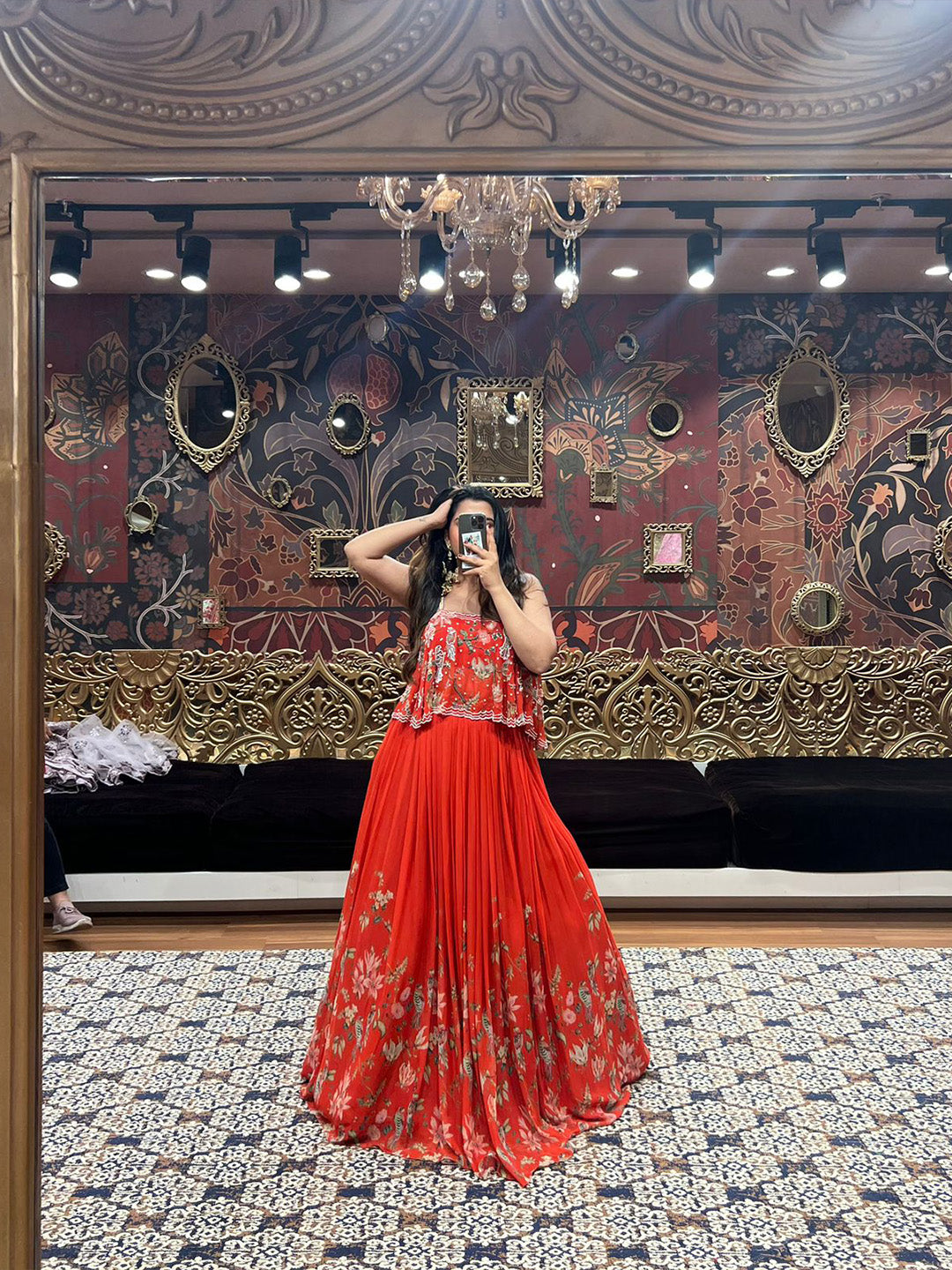 Red Pleated Lehenga With Indo-Western Top