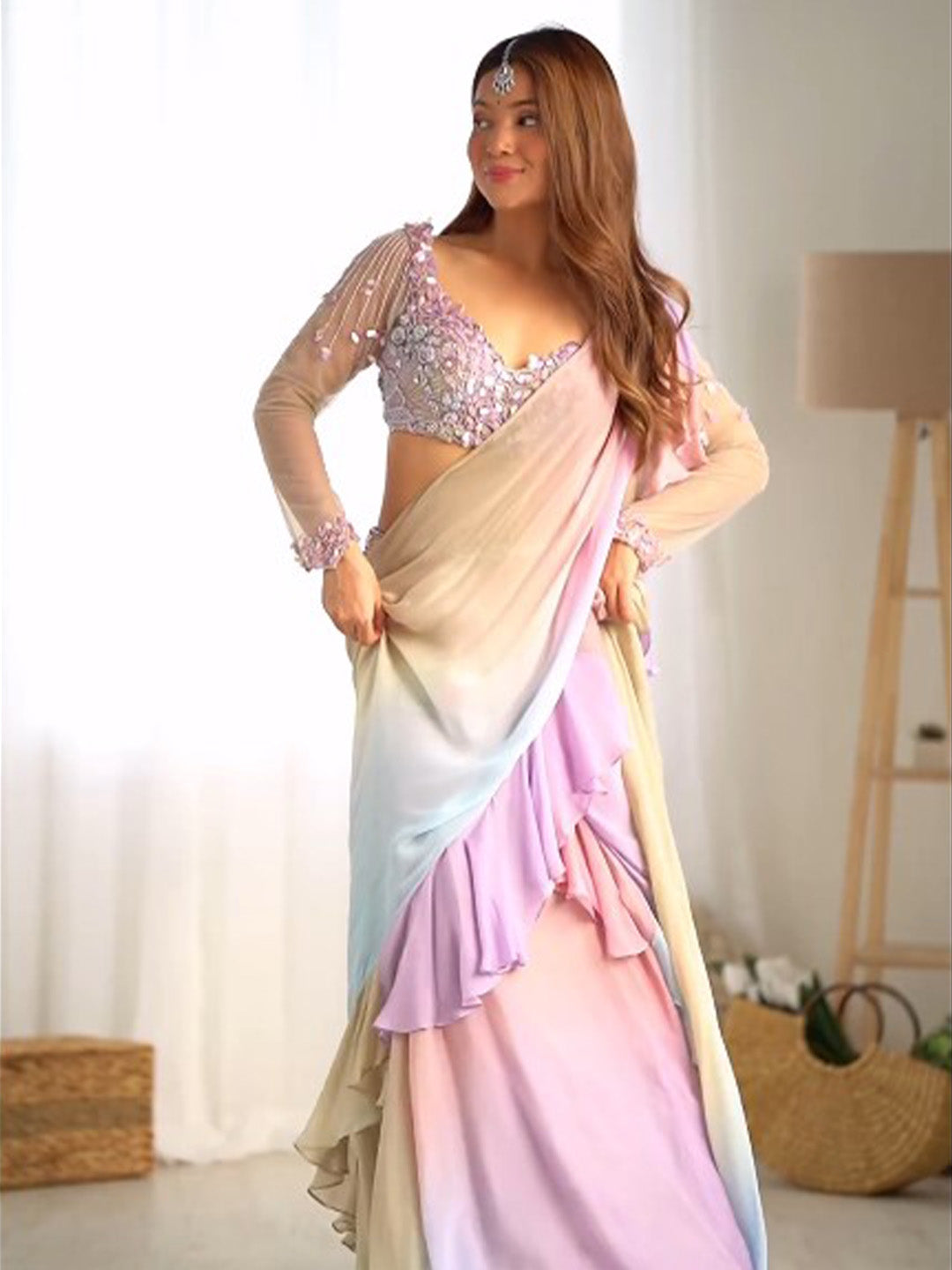 Pastel Pink Pre Draped Sari In Chinon & Net