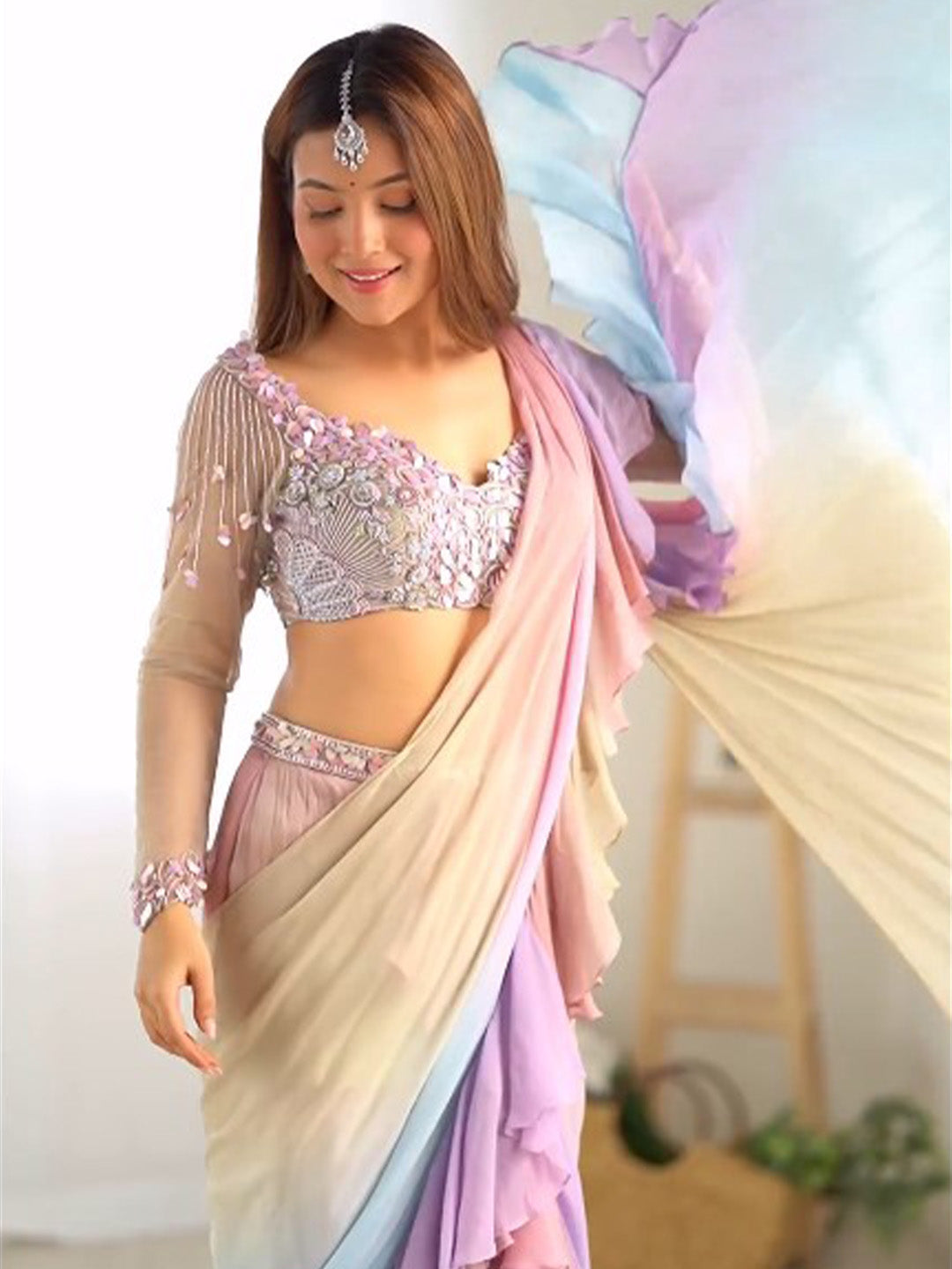 Pastel Pink Pre Draped Sari In Chinon & Net