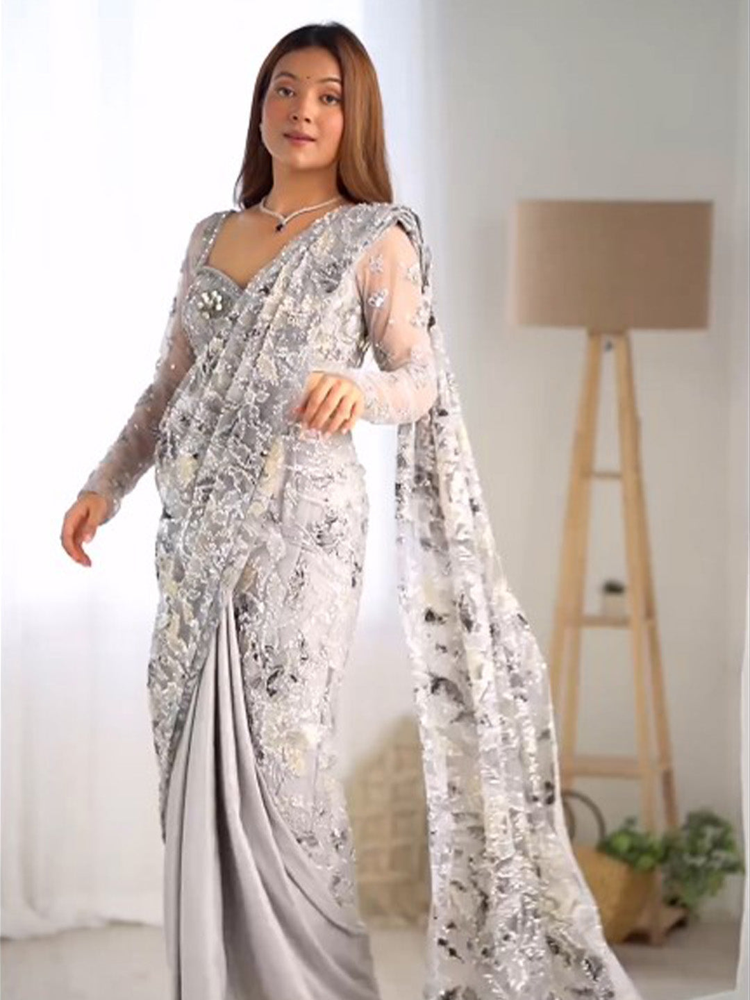 Elegant White & Silver Ready To Wear Sari With Hand Embroidered Blouse