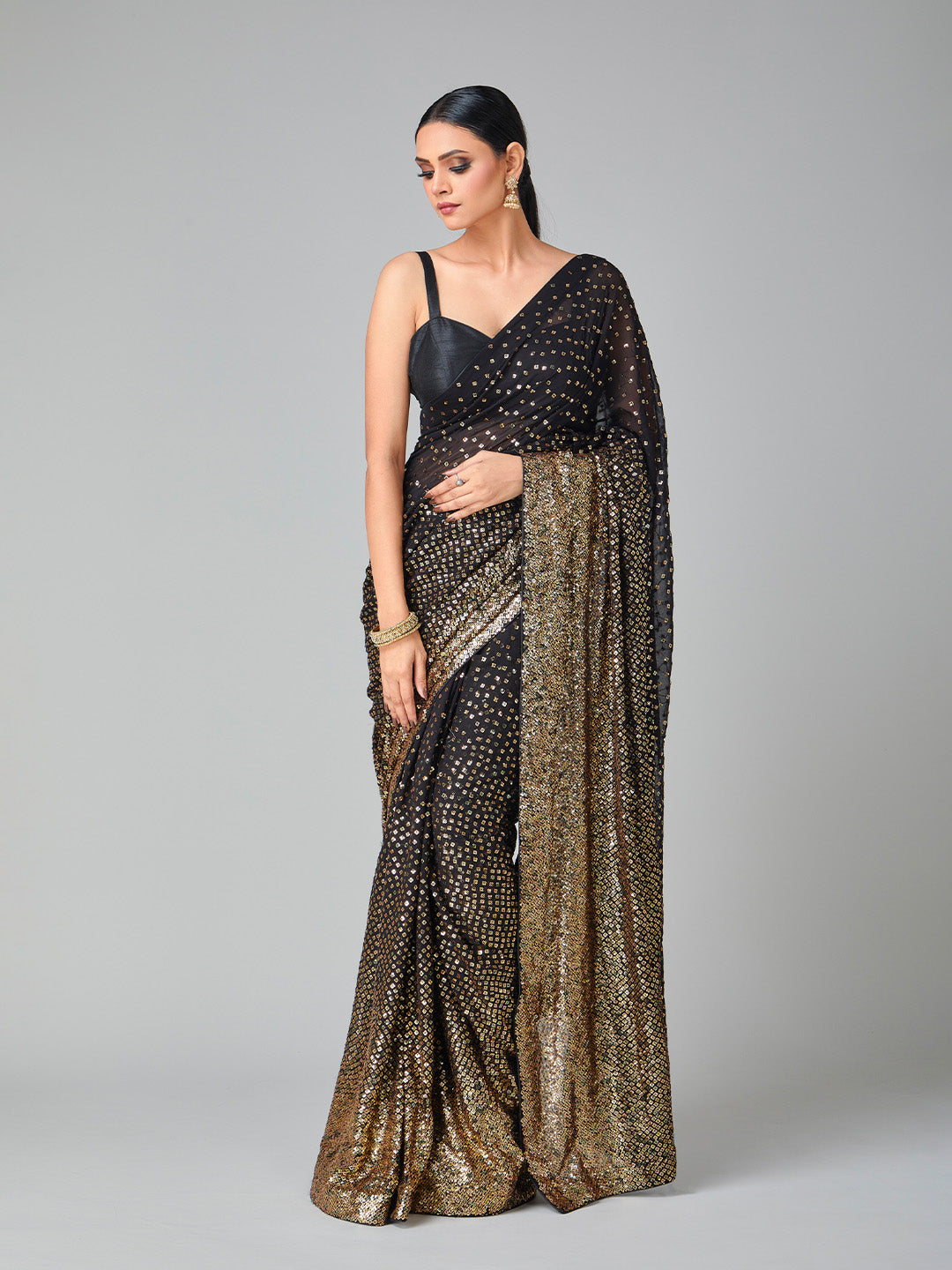 Shaded Gold & Black Sequin Saree – Tirumala Designers