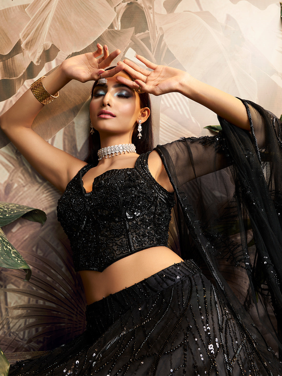 Buy Black Sequins Lehenga with Blouse and Velvet Blouse for Women Online @  Tata CLiQ Luxury