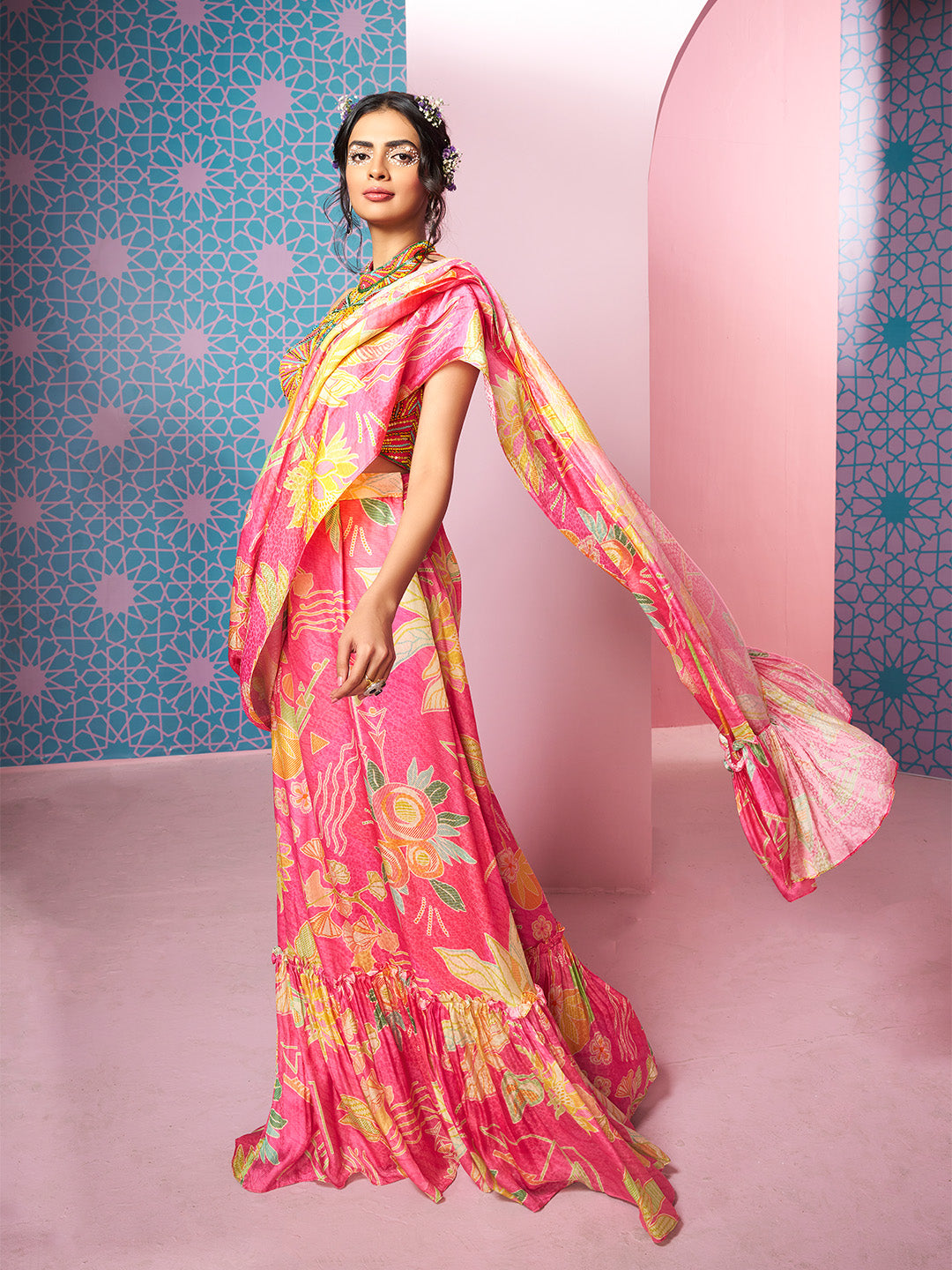 Floral Ruffled Saree In Candy Pink