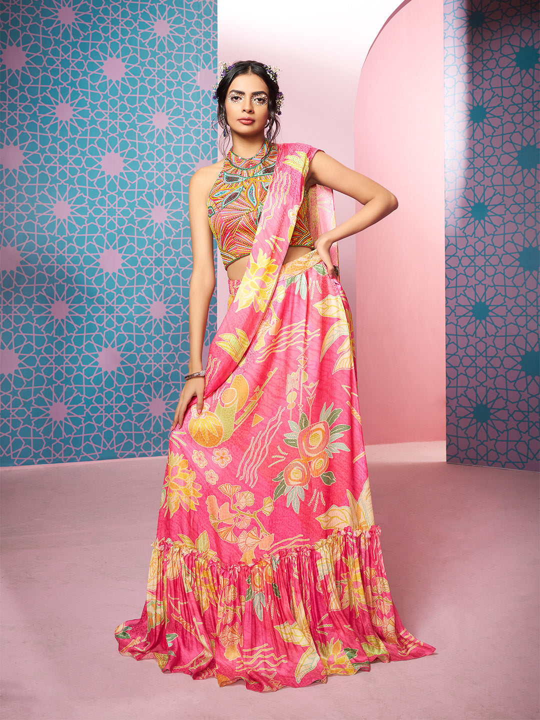 Floral Ruffled Saree In Candy Pink