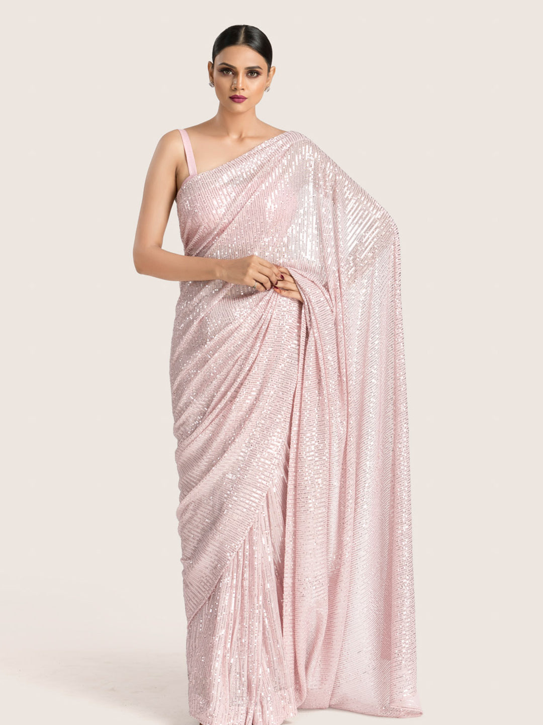 Baby Pink Sequins Saree With Blouse Fabric