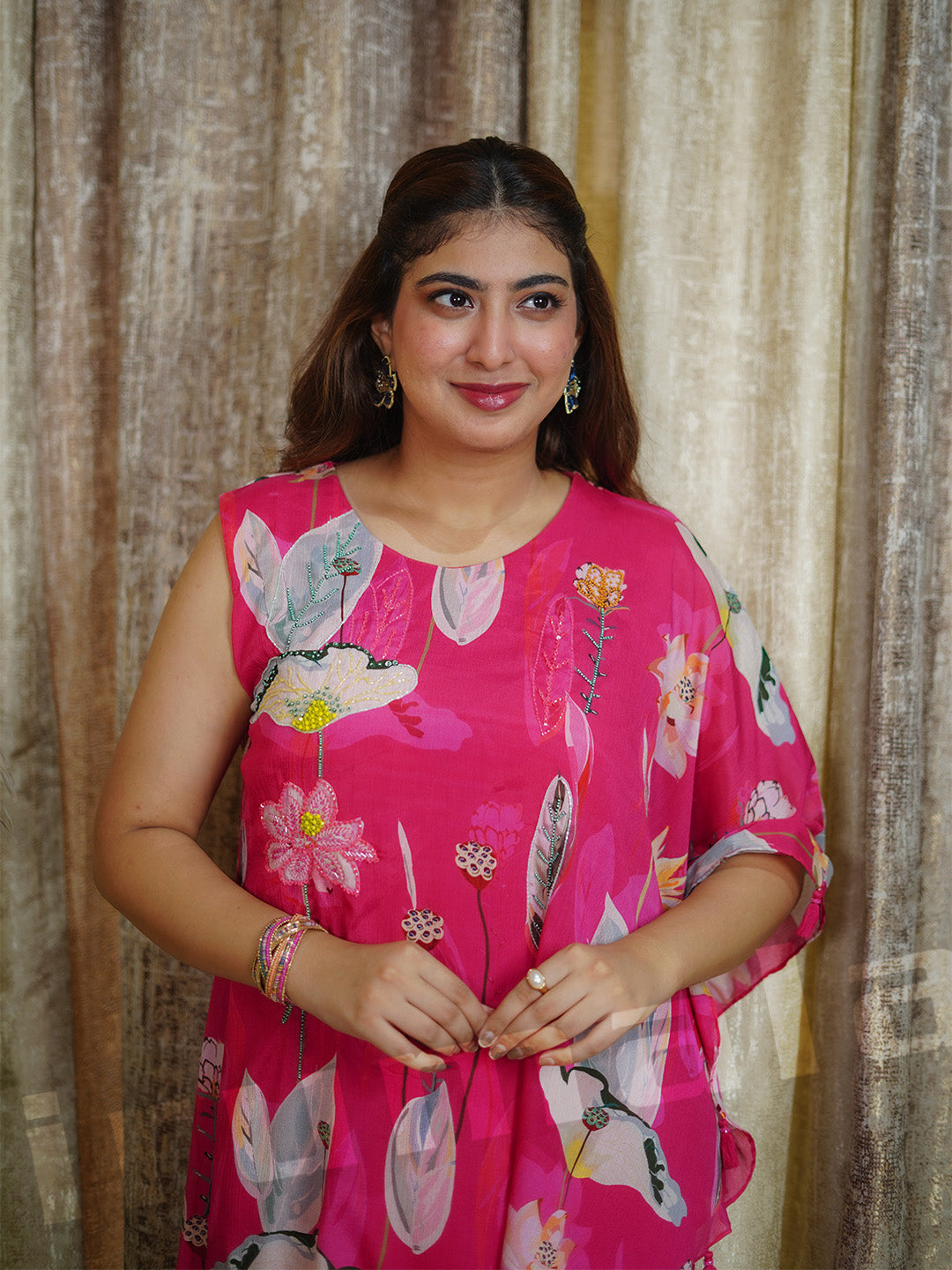 Pink Printed Plazo With One-Shoulder Kaftan Kurta