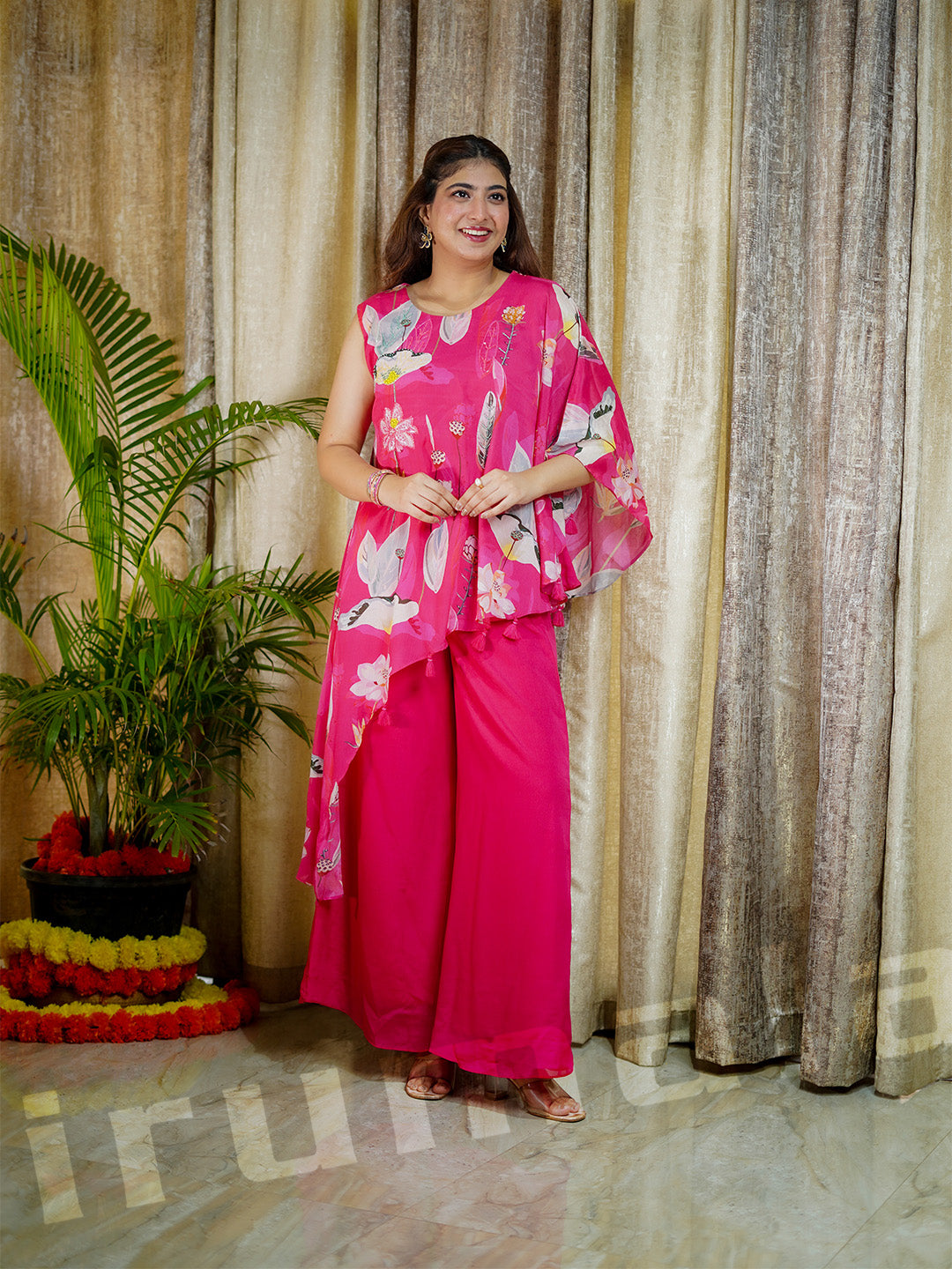 Pink Printed Plazo With One-Shoulder Kaftan Kurta