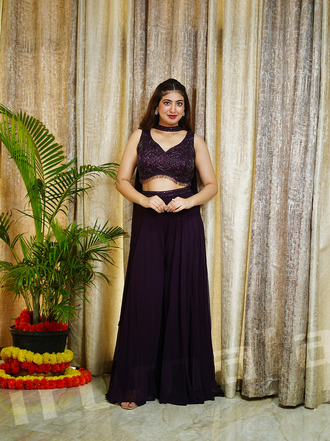 Purple Georgette Skirt With Hand Embroidered Blouse & Self-Work Choker