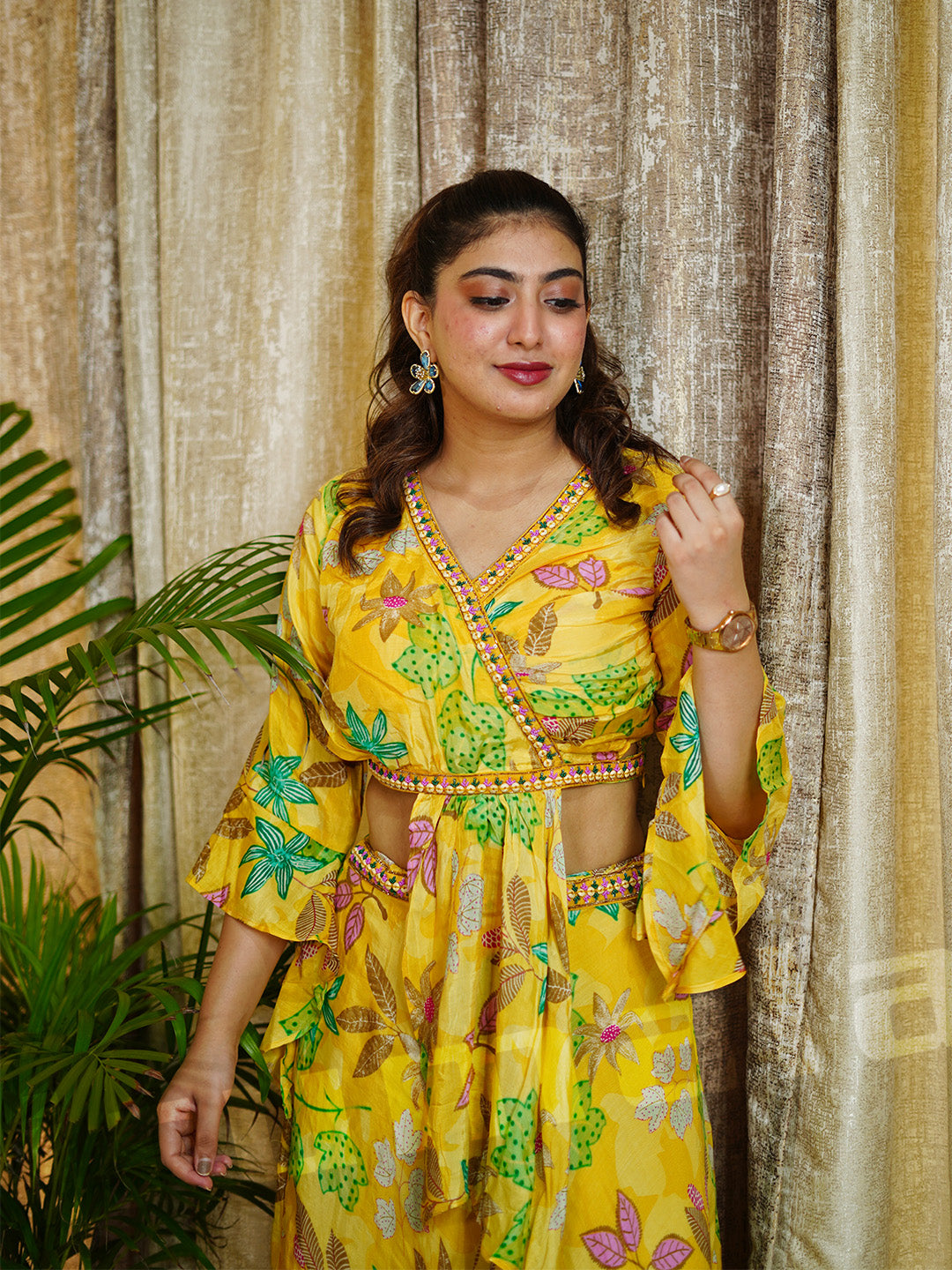 Yellow Printed Crepe Skirt & Blouse With Attached Dupatta & Lace Border