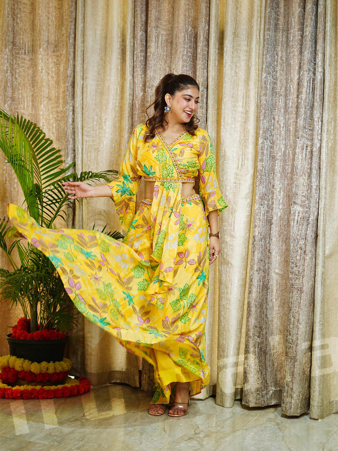 Yellow Printed Crepe Skirt & Blouse With Attached Dupatta & Lace Border