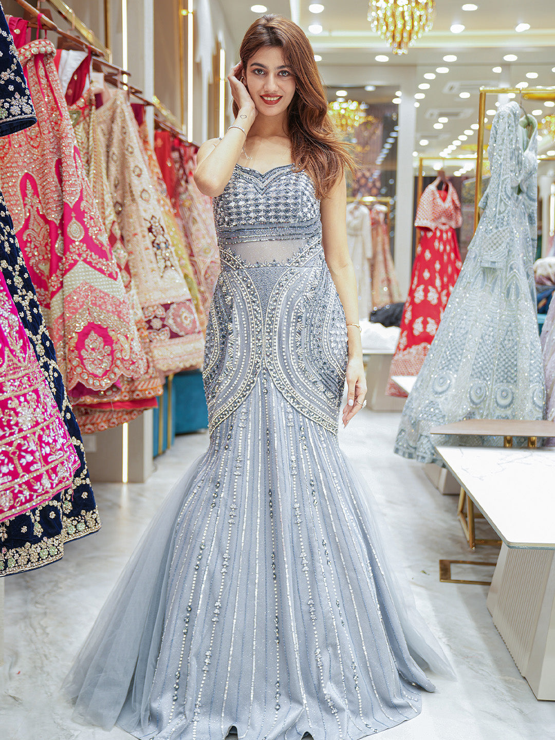 Grey Embellished Net Fish Cut Gown