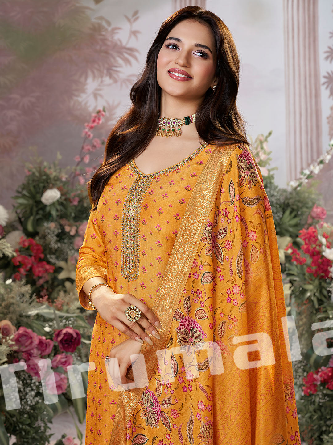 Mustard Printed Silk Kurti Set