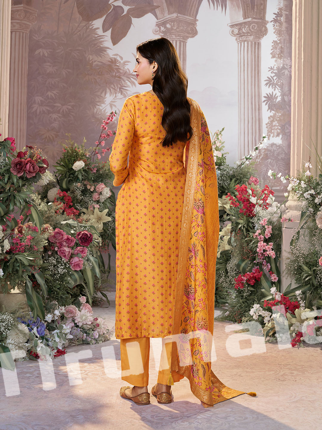Mustard Printed Silk Kurti Set