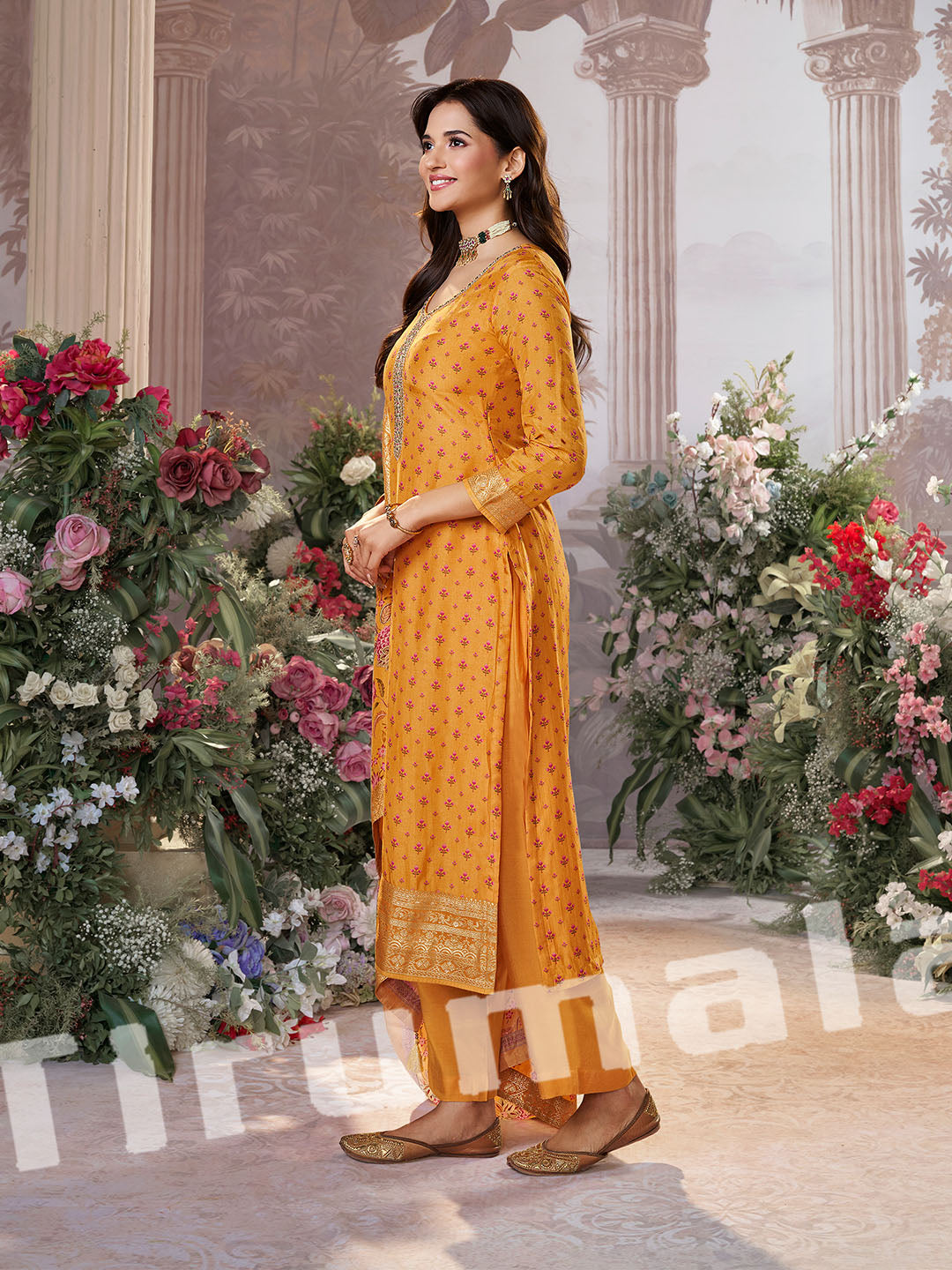 Mustard Printed Silk Kurti Set