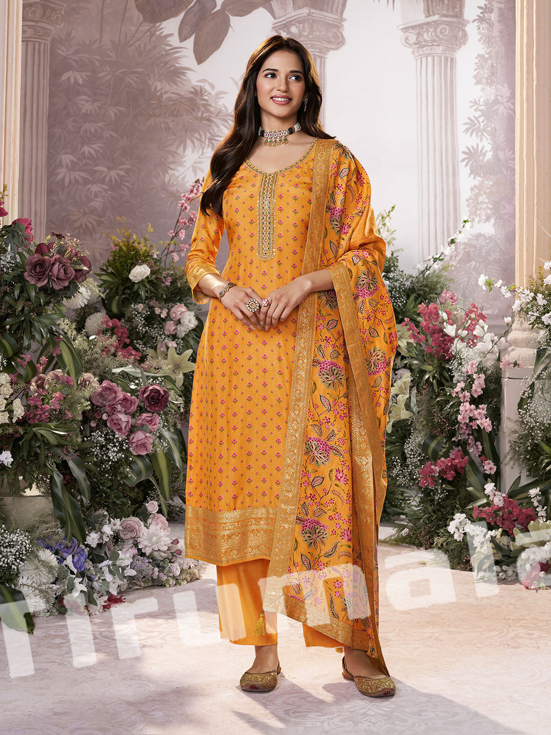 Mustard Printed Silk Kurti Set