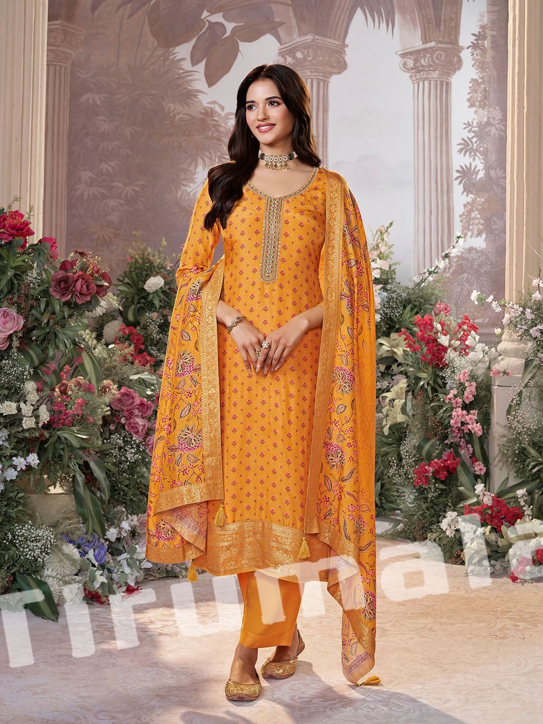 Mustard Printed Silk Kurti Set