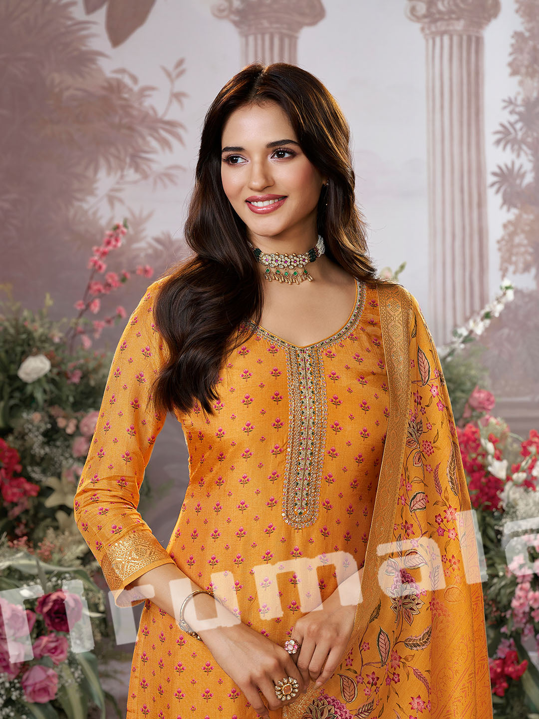Mustard Printed Silk Kurti Set