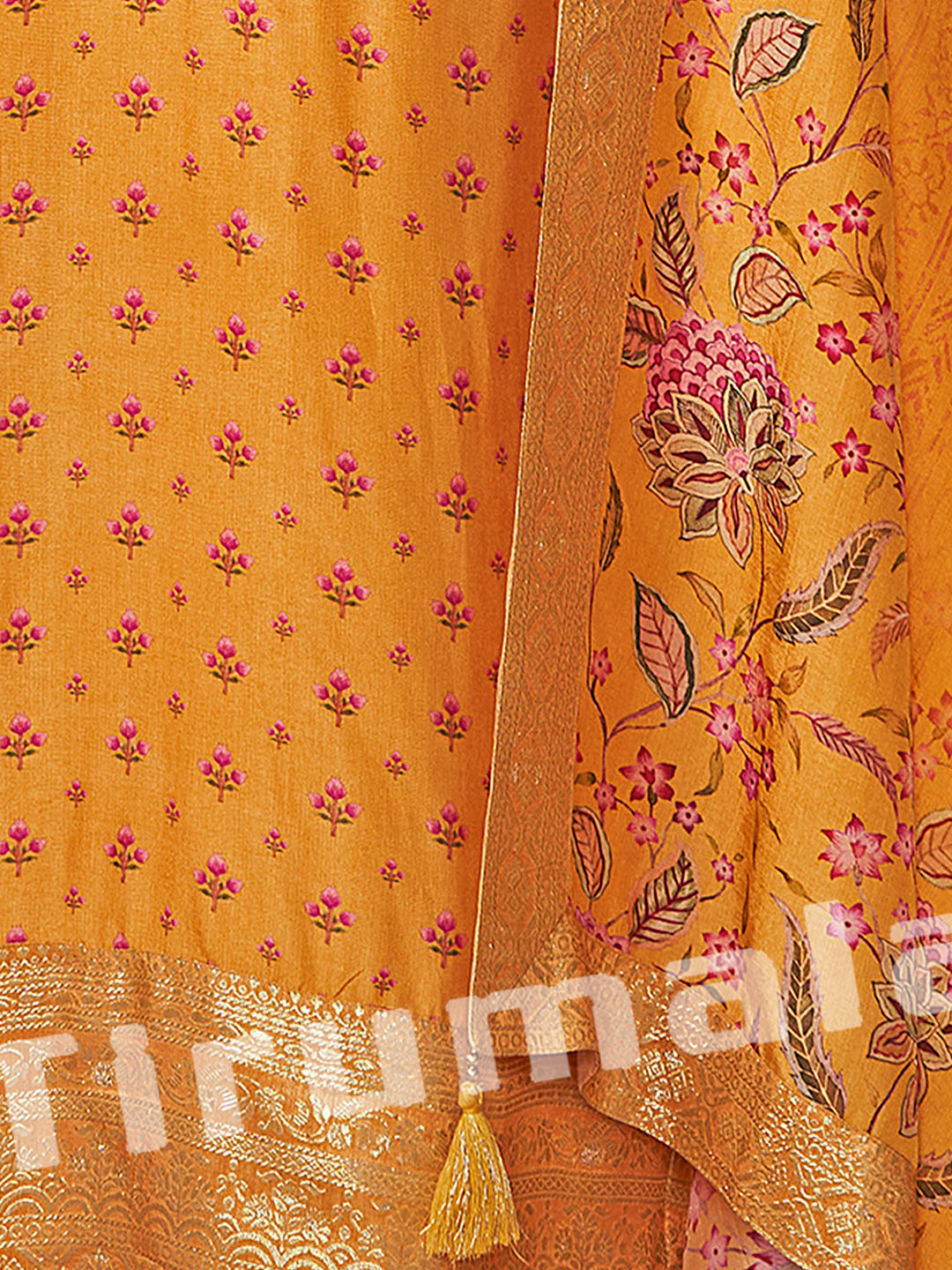 Mustard Printed Silk Kurti Set