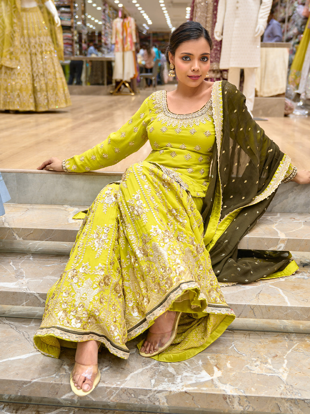 Lime Yellow Gharara Paired With Green Dupatta