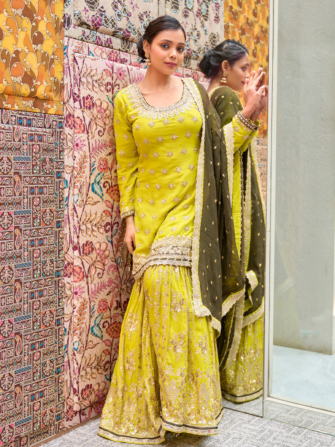 Lime Yellow Gharara Paired With Green Dupatta