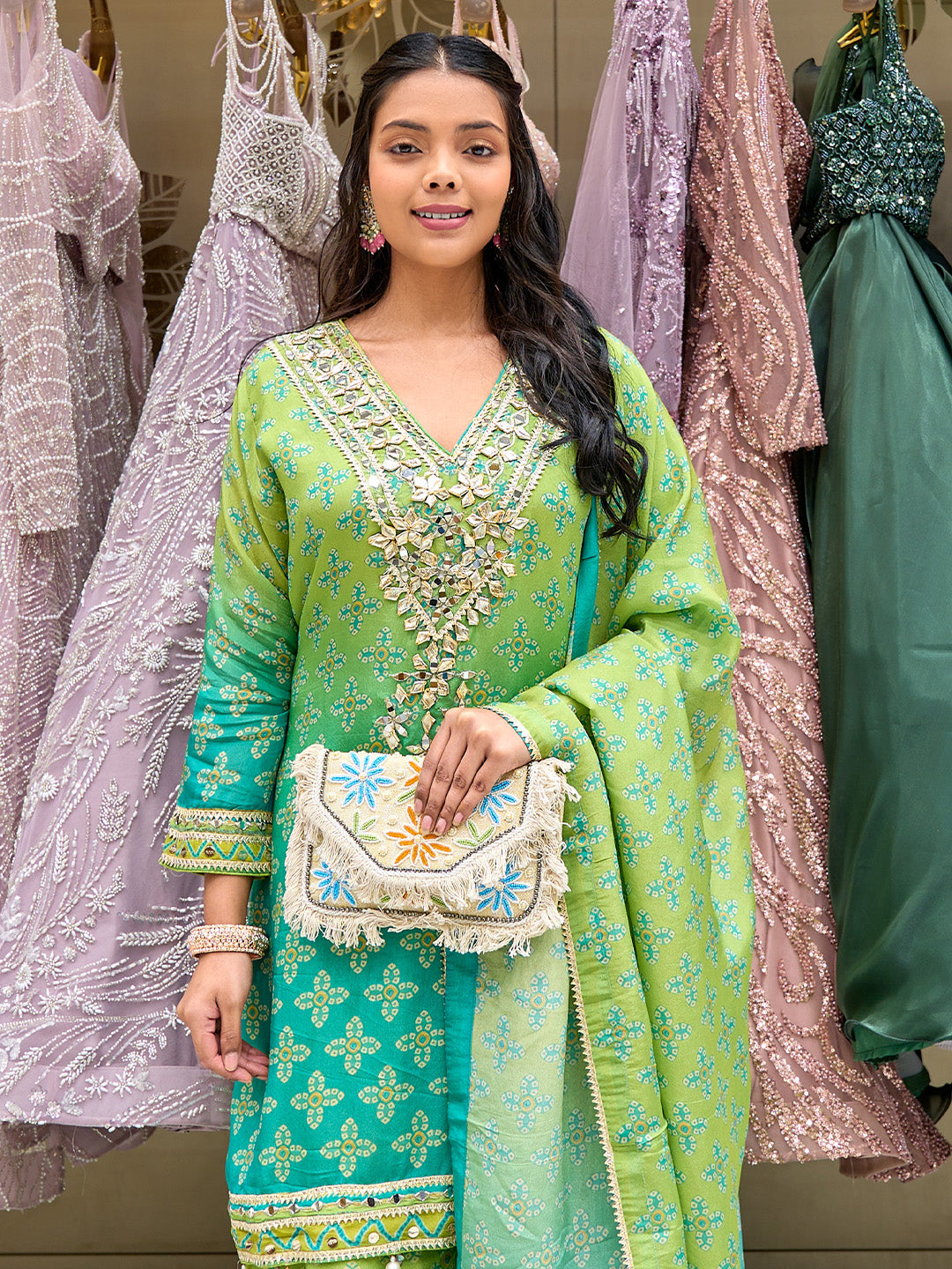 Ombre Green Embroidered Palazzo