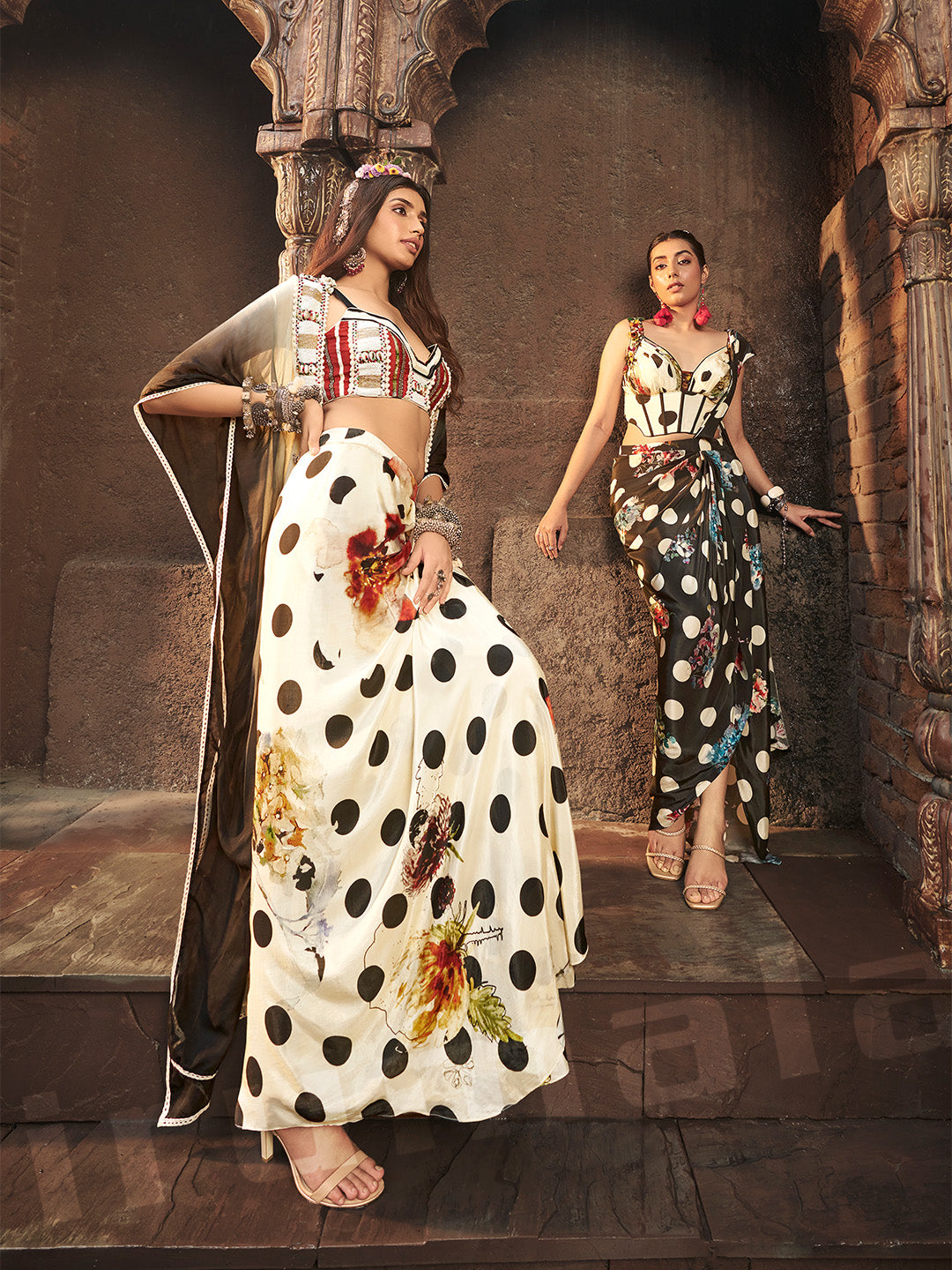 Cream & Black Shaded Drape Skirt With Lace-Work Choli & Cape