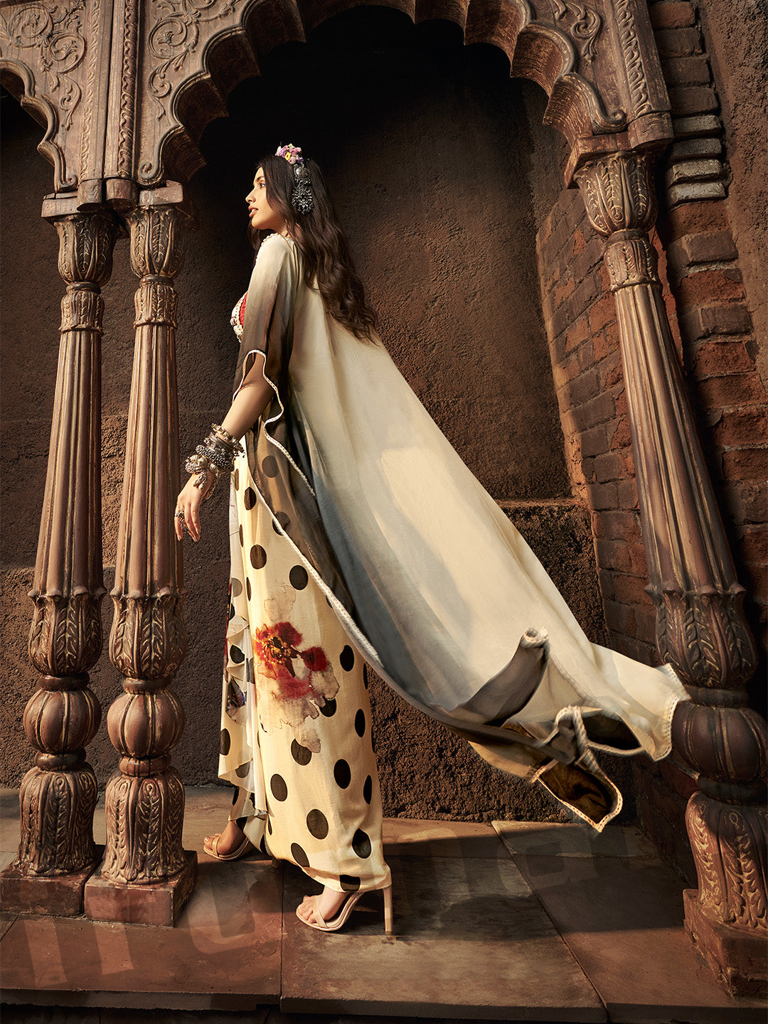 Cream & Black Shaded Drape Skirt With Lace-Work Choli & Cape