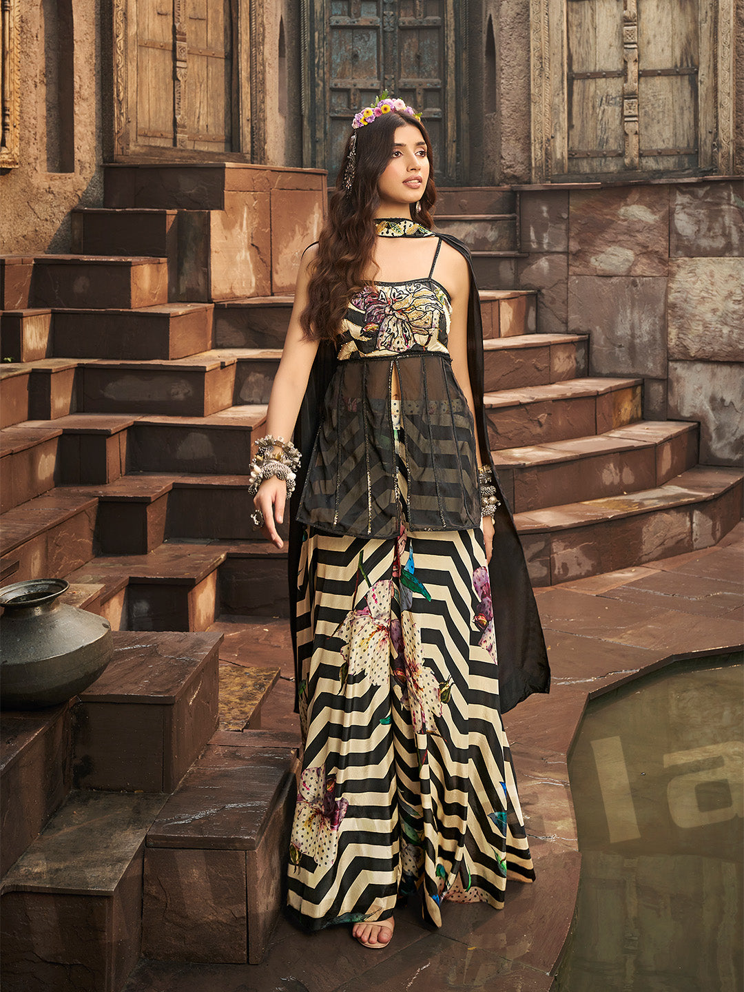 Black & Cream Printed Plazo with Organza Kurti & Chokar Dupatta