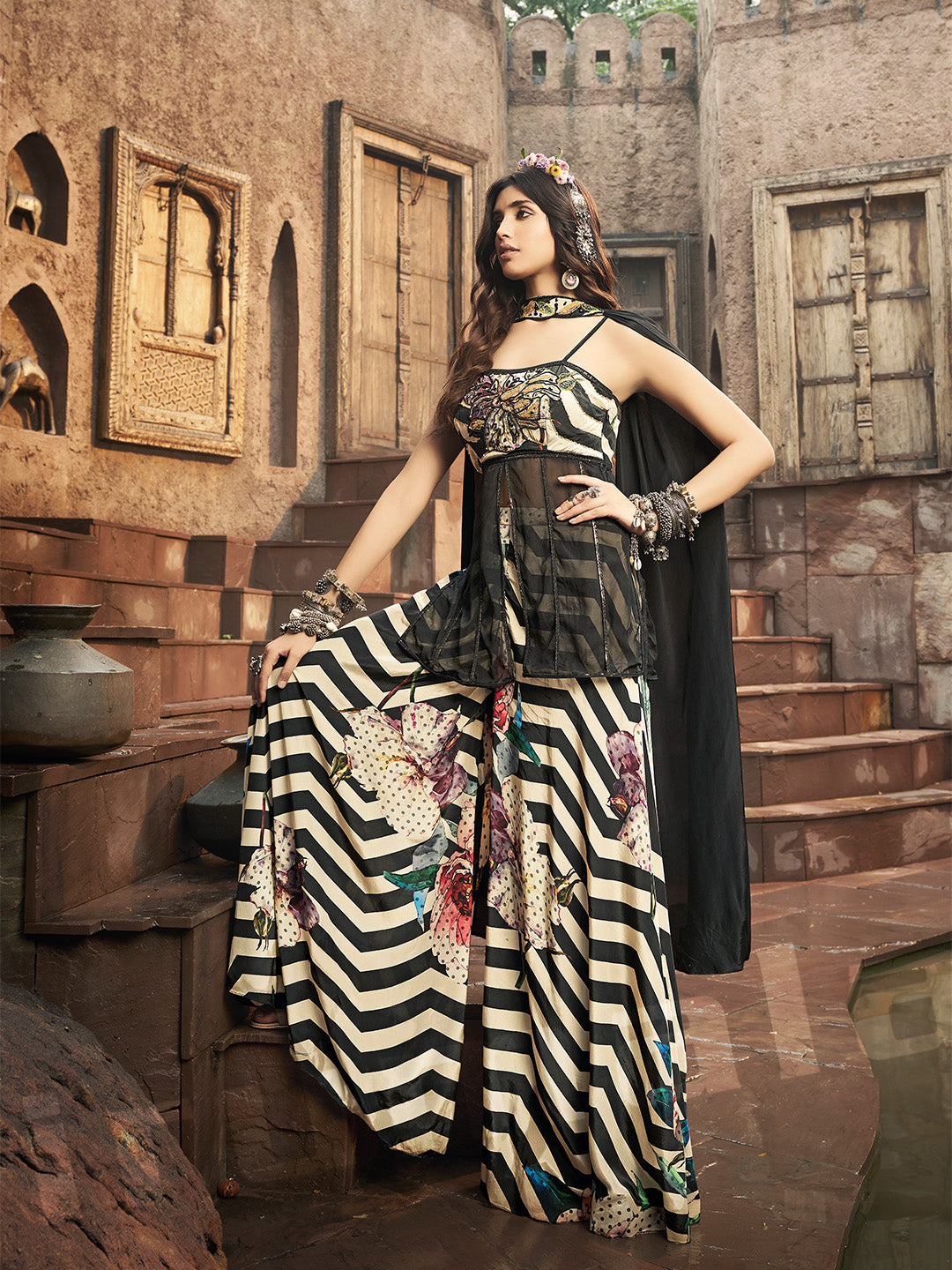 Black & Cream Printed Plazo with Organza Kurti & Chokar Dupatta