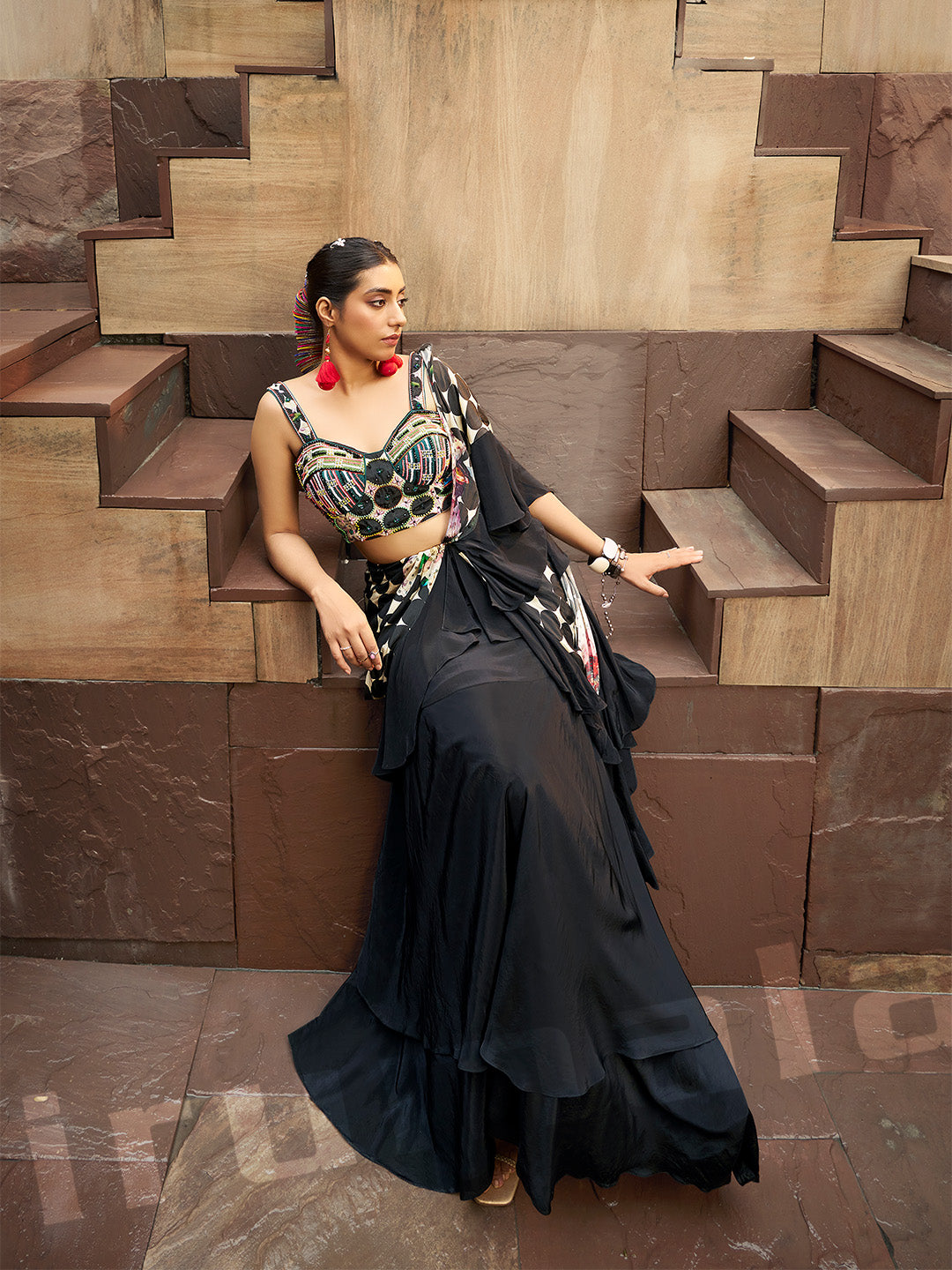 Black & Cream Printed Ruffle Saree With Embroidered Choli