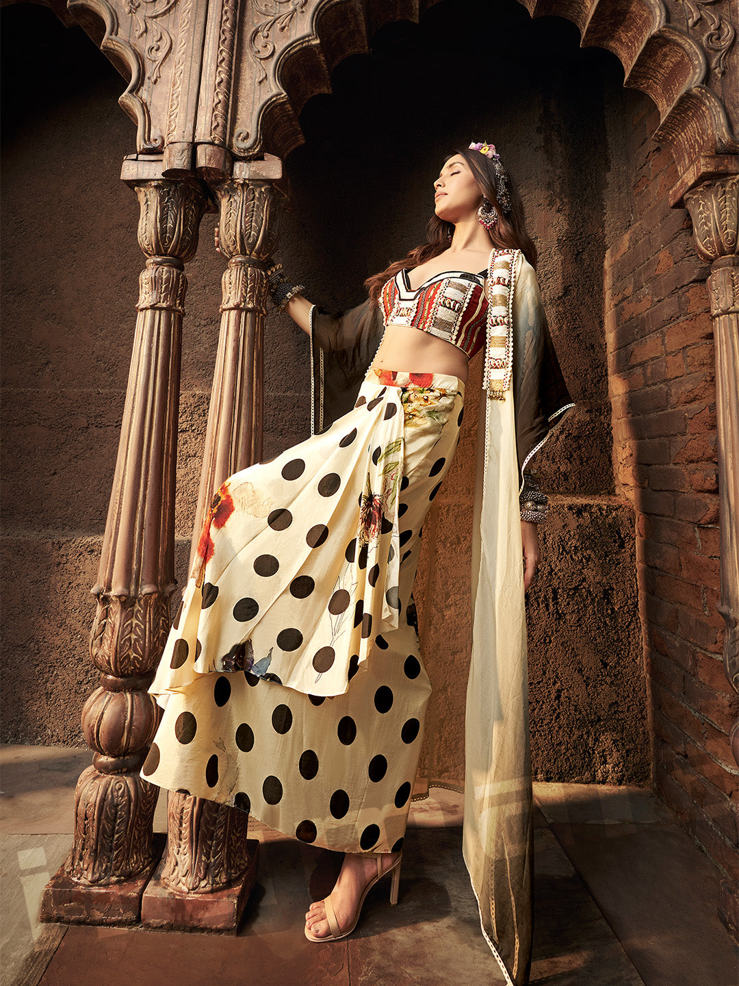 Cream & Black Shaded Drape Skirt With Lace-Work Choli & Cape