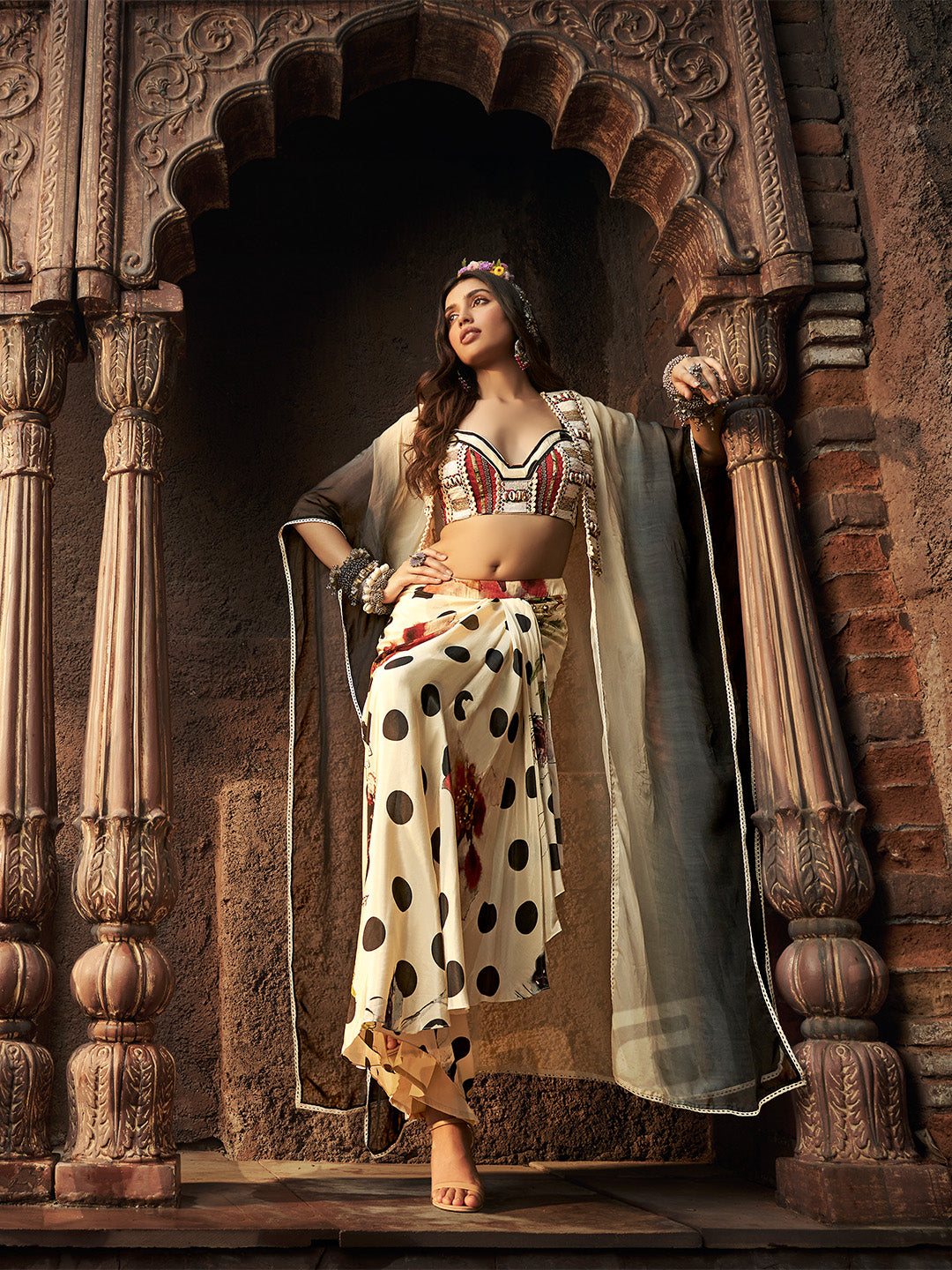 Cream & Black Shaded Drape Skirt With Lace-Work Choli & Cape