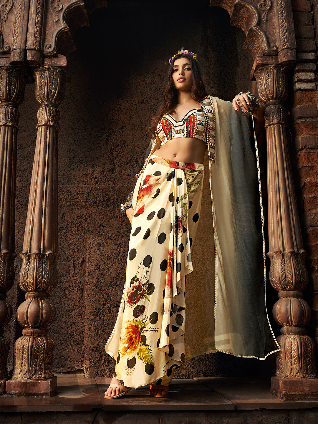 Cream & Black Shaded Drape Skirt With Lace-Work Choli & Cape