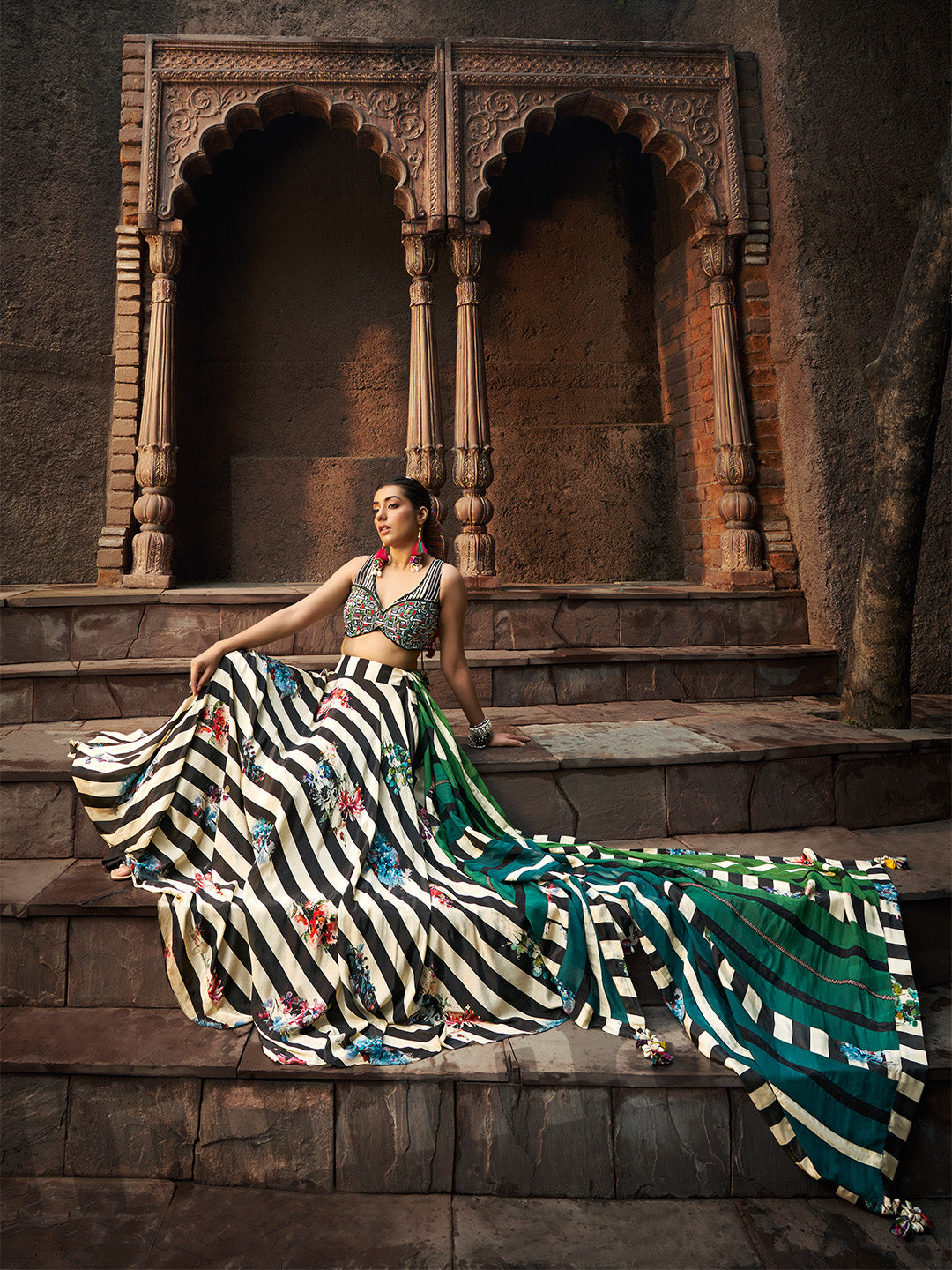 Rama Green & Light Green Shaded Embroidered Choli With Printed Skirt & Dupatta