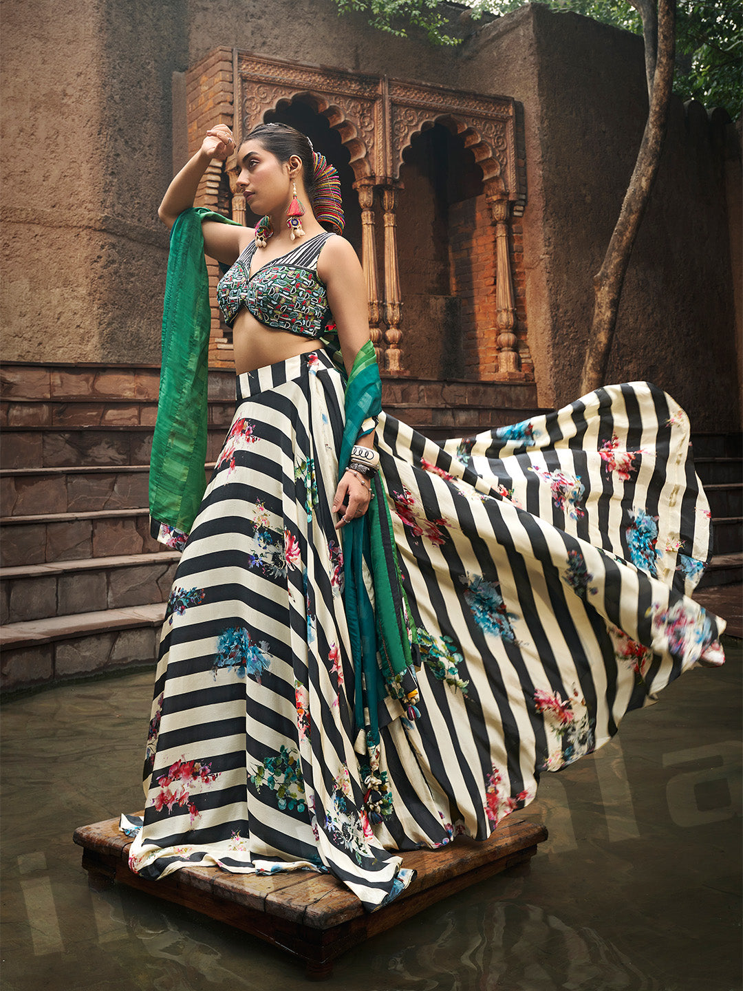 Rama Green & Light Green Shaded Embroidered Choli With Printed Skirt & Dupatta