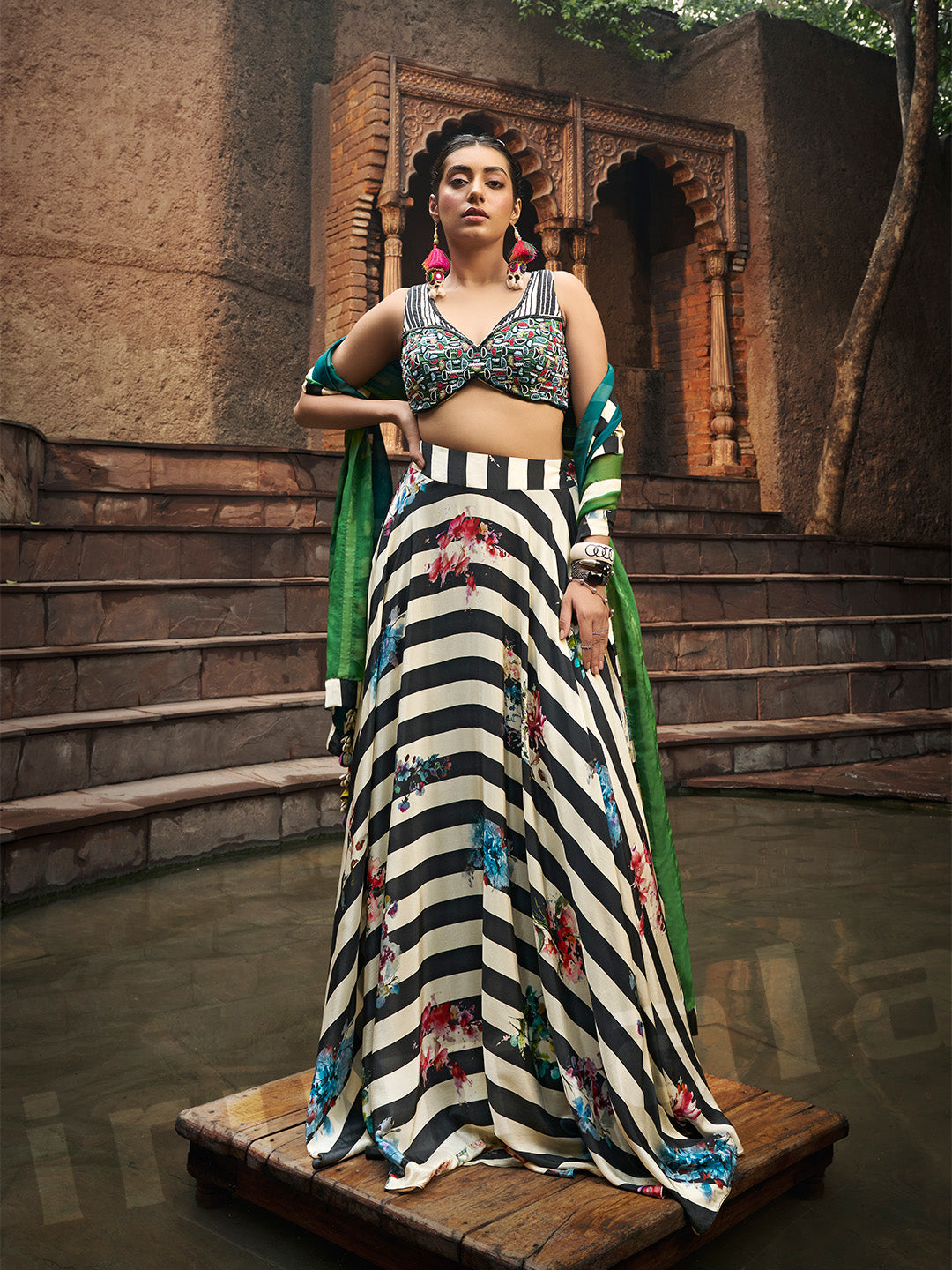 Rama Green & Light Green Shaded Embroidered Choli With Printed Skirt & Dupatta