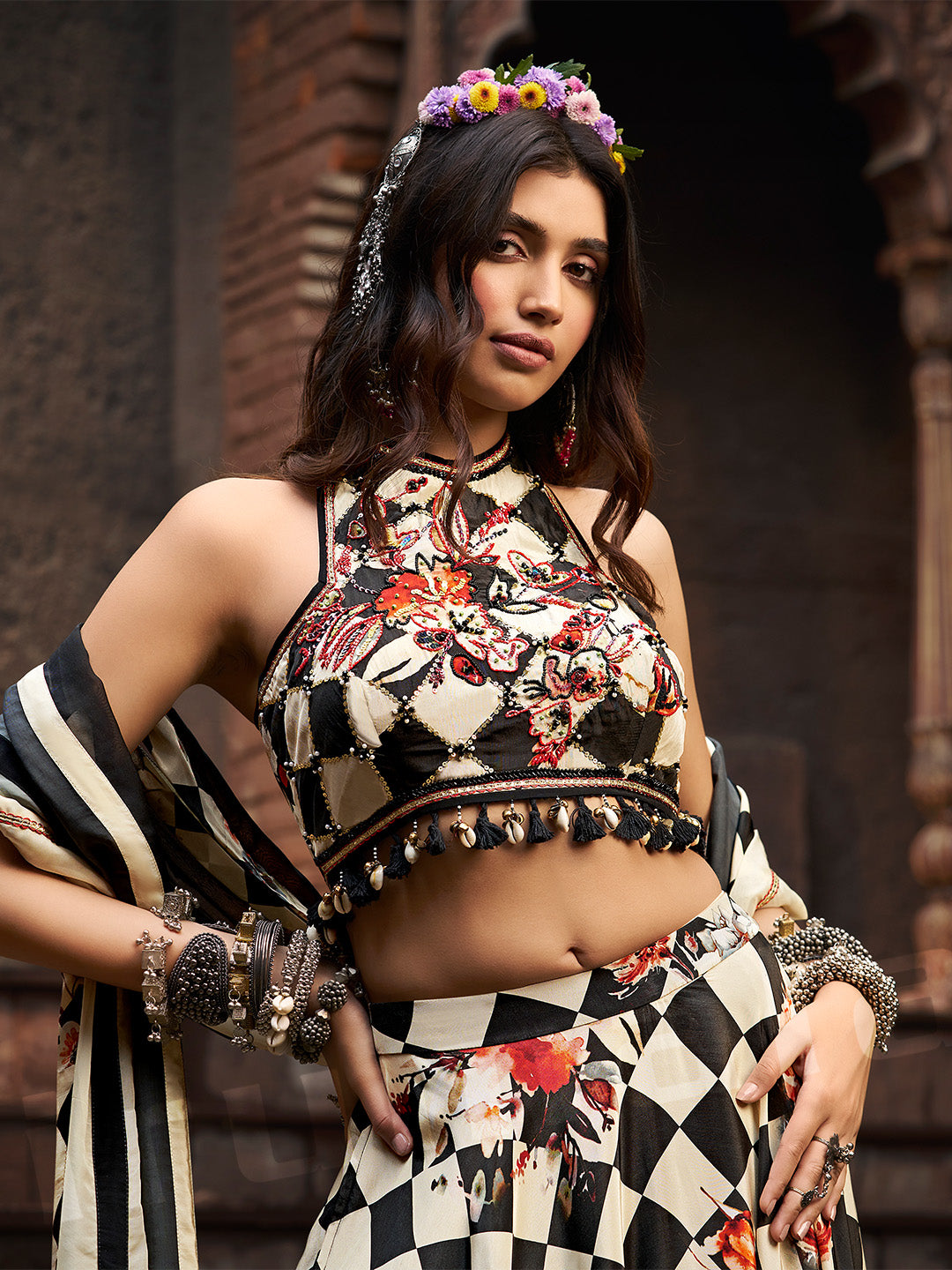 Cream & Black Checks Printed Skirt & Choli Set With Shaded Dupatta