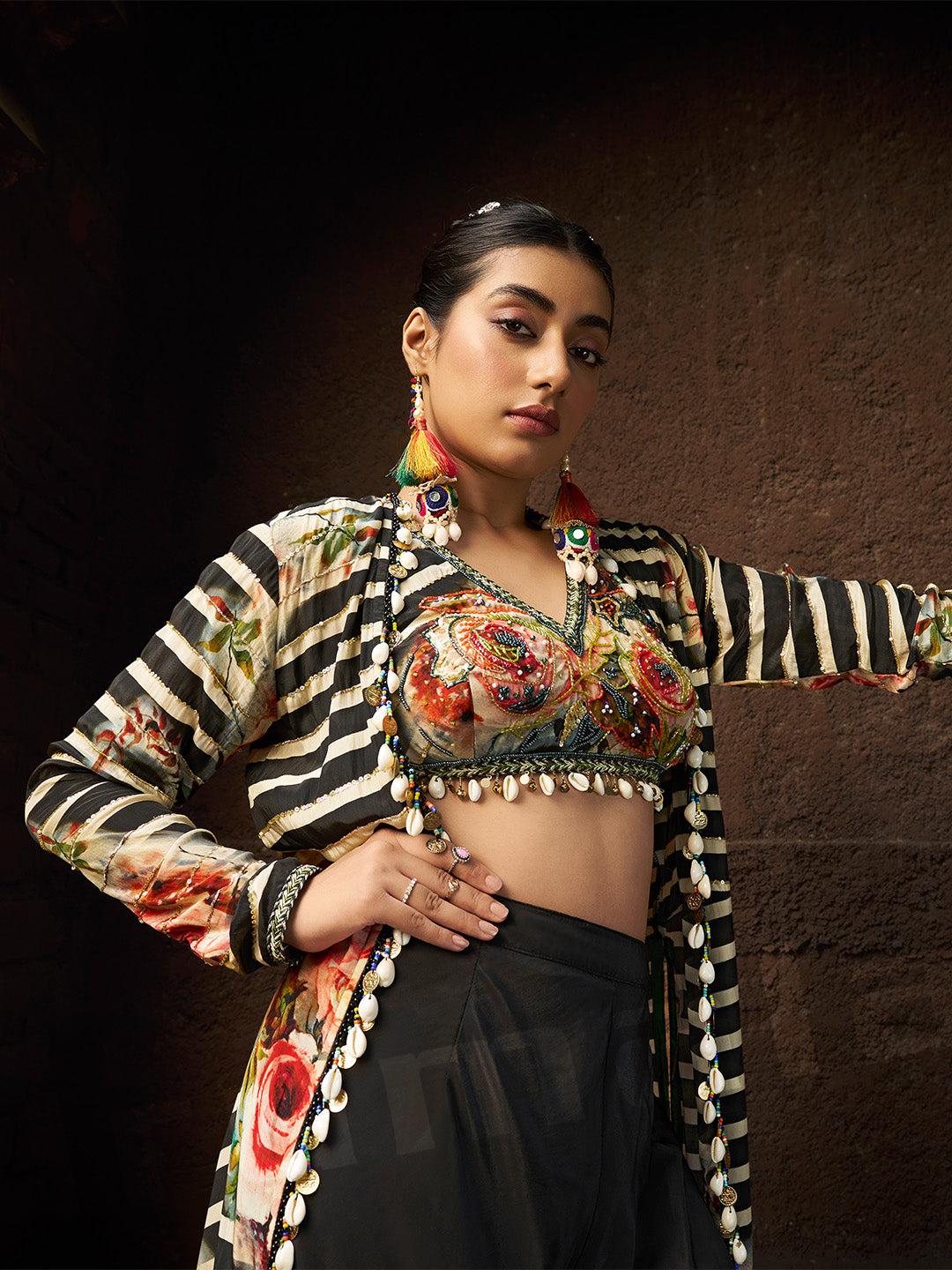 Black & Cream Ombre Jacket With Hand-Embroidered Choli