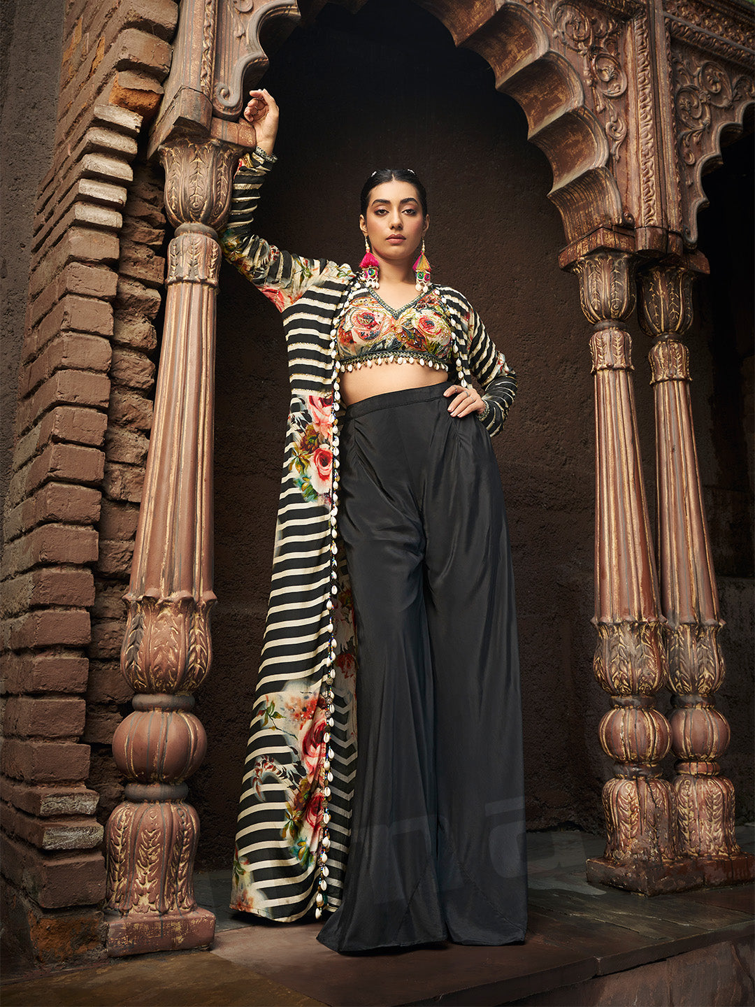 Black & Cream Ombre Jacket With Hand-Embroidered Choli