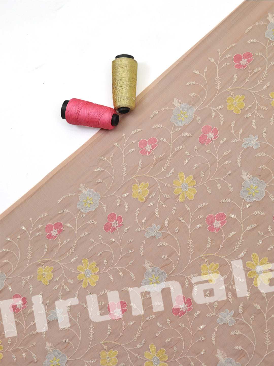 Pastel Pink Mul Chanderi With Multi-Colour Thread Embroidery