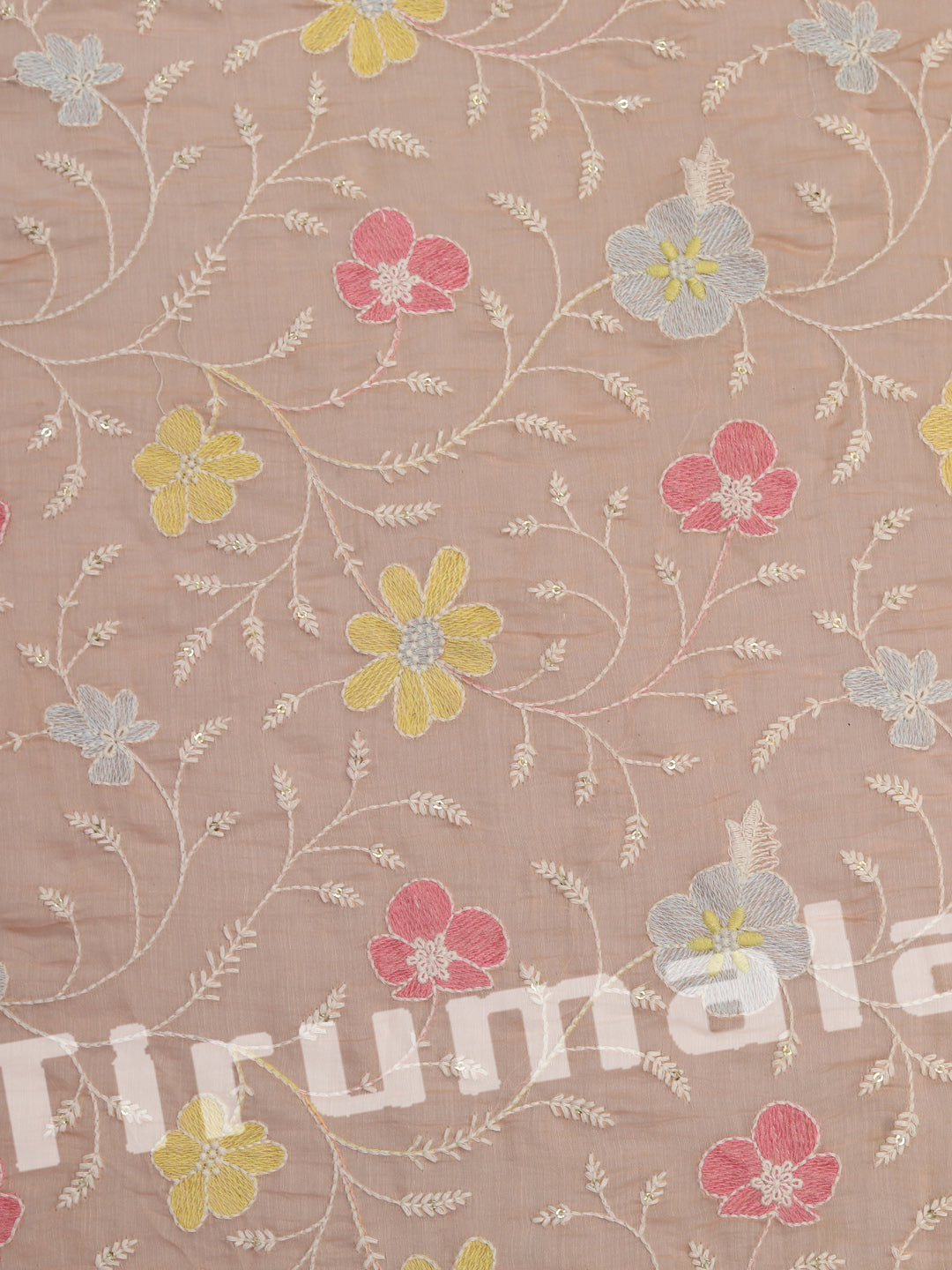Pastel Pink Mul Chanderi With Multi-Colour Thread Embroidery