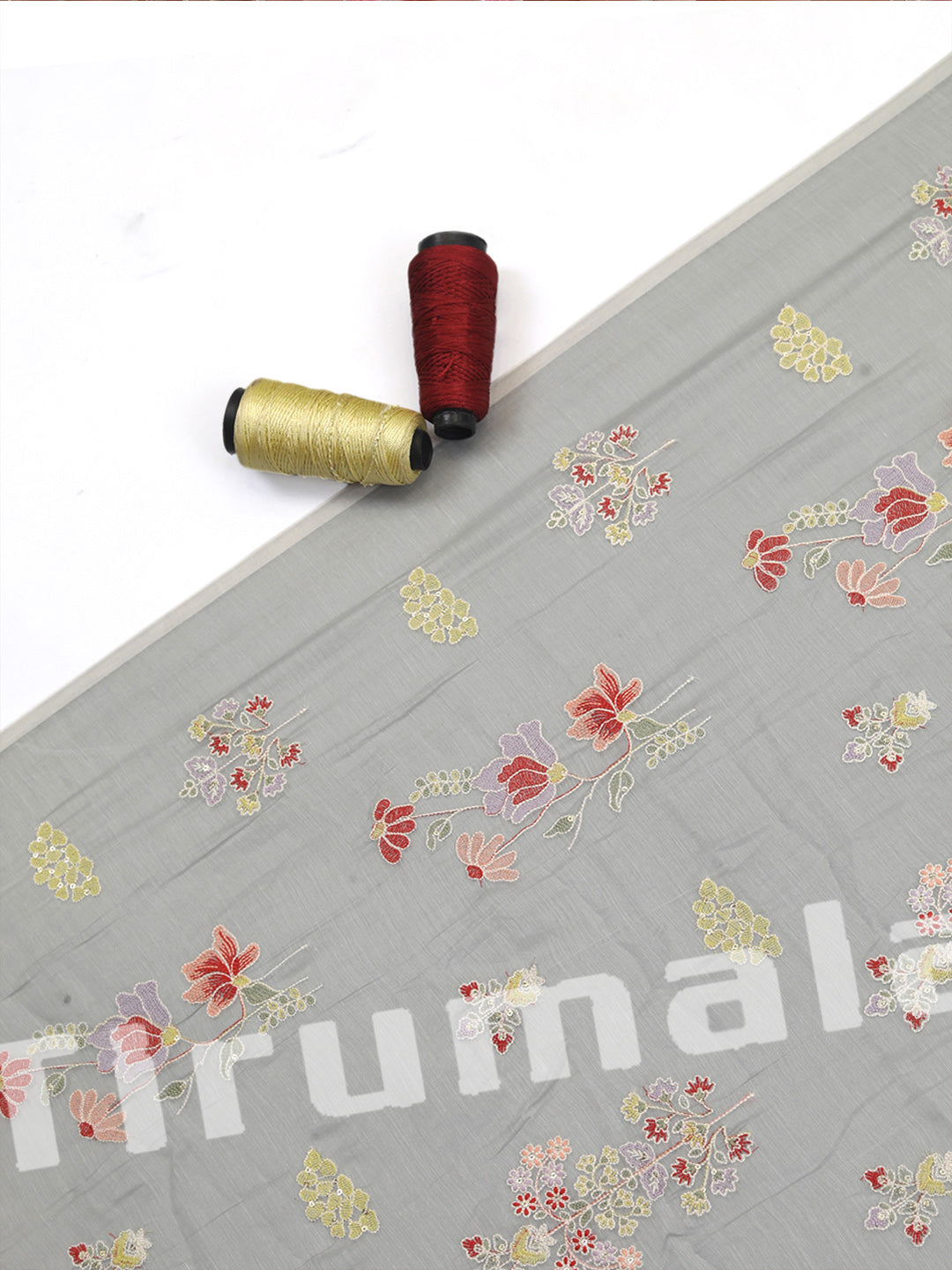 Greyish Blue Mul Chanderi With Multi Thread Butti Embroidery