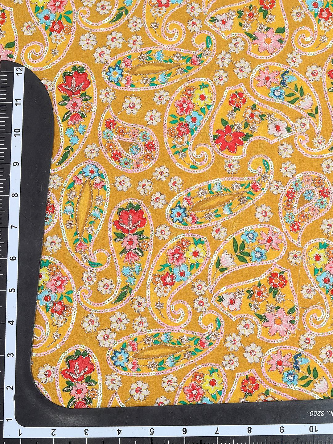 Gold Embroidered Paisley Pattern Yellow Crepe