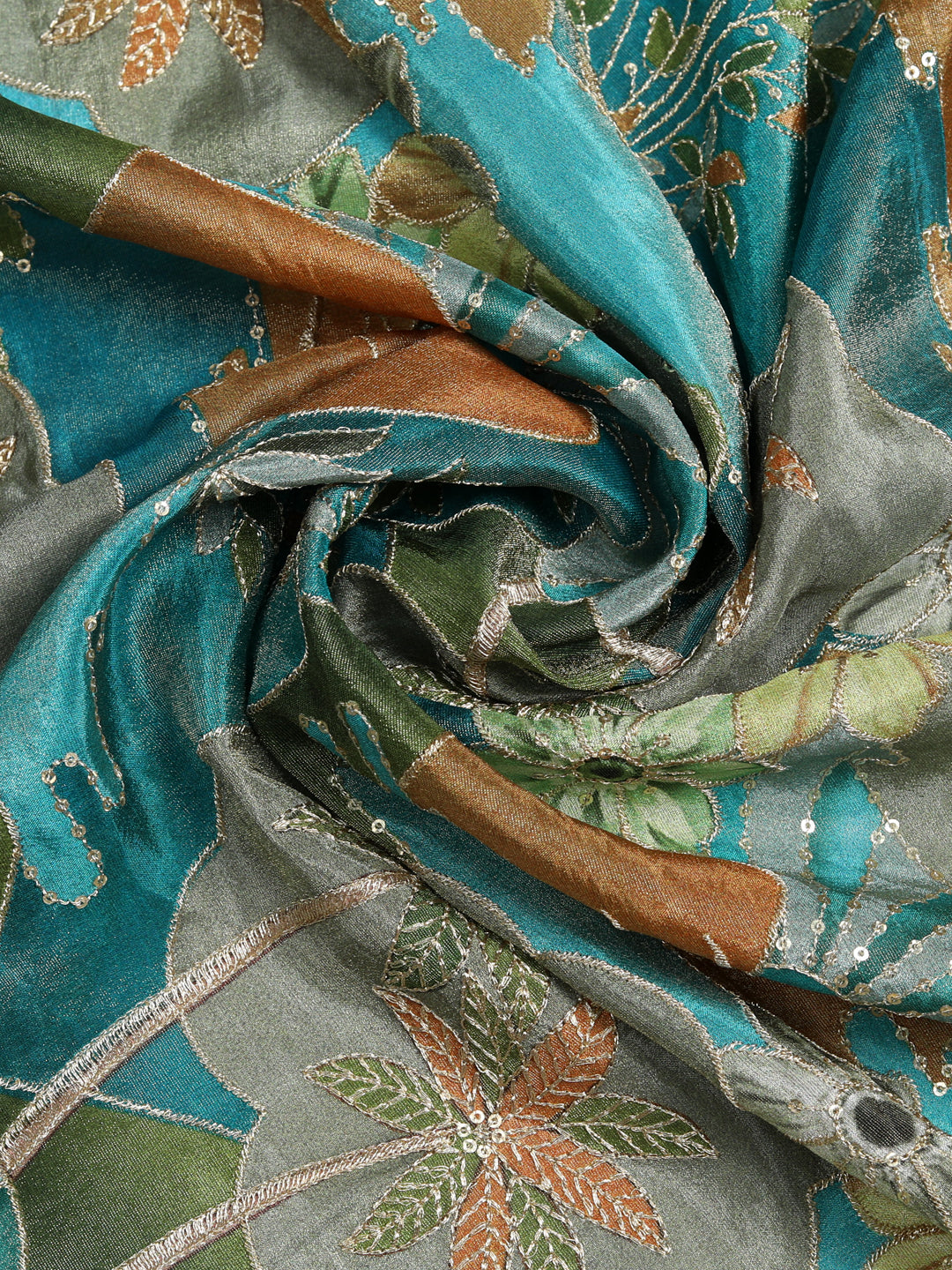 Aqua Blue Floral Zari Work Tissue