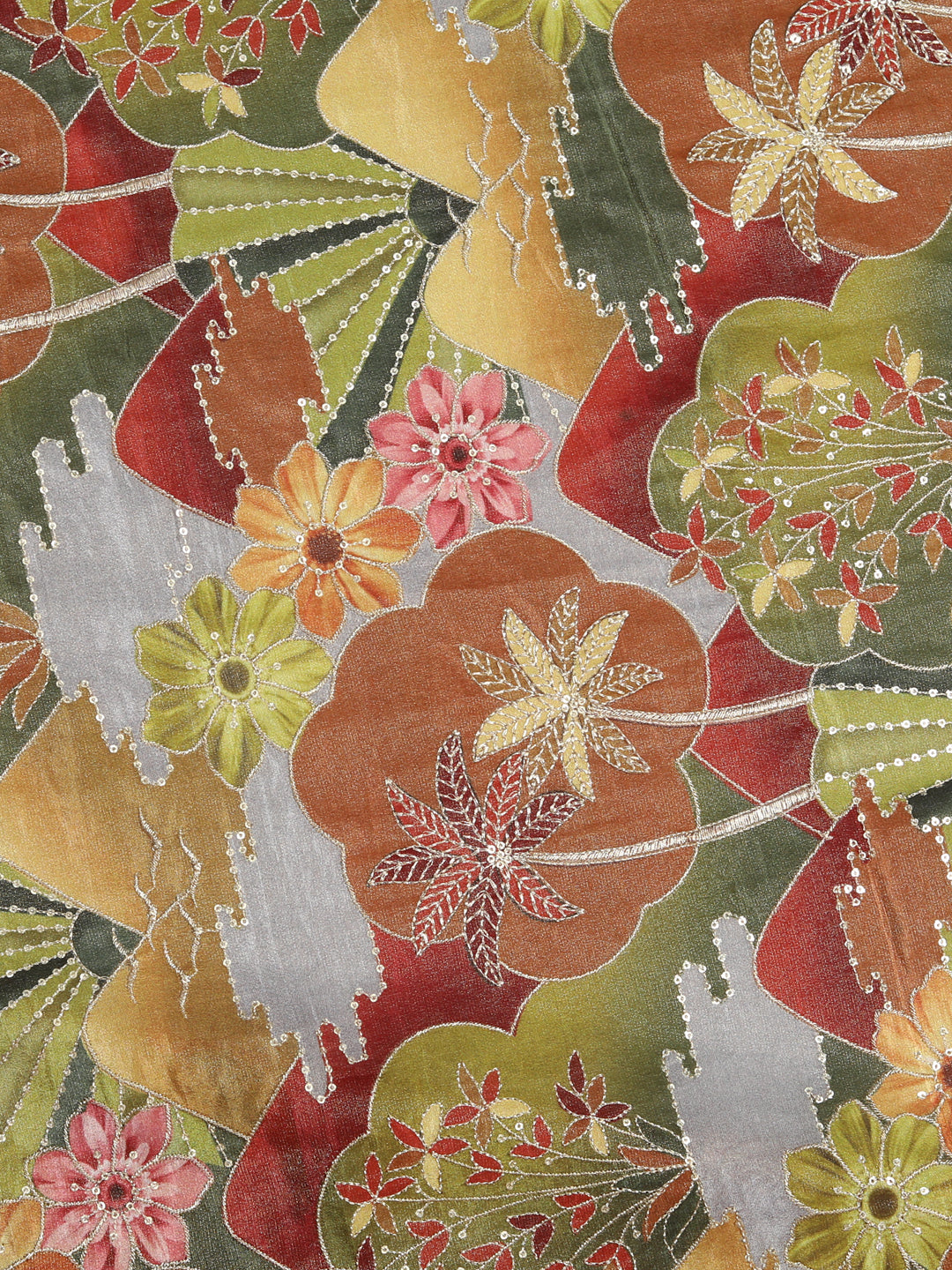 Olive Green & Orange Floral Zari Work Fabric